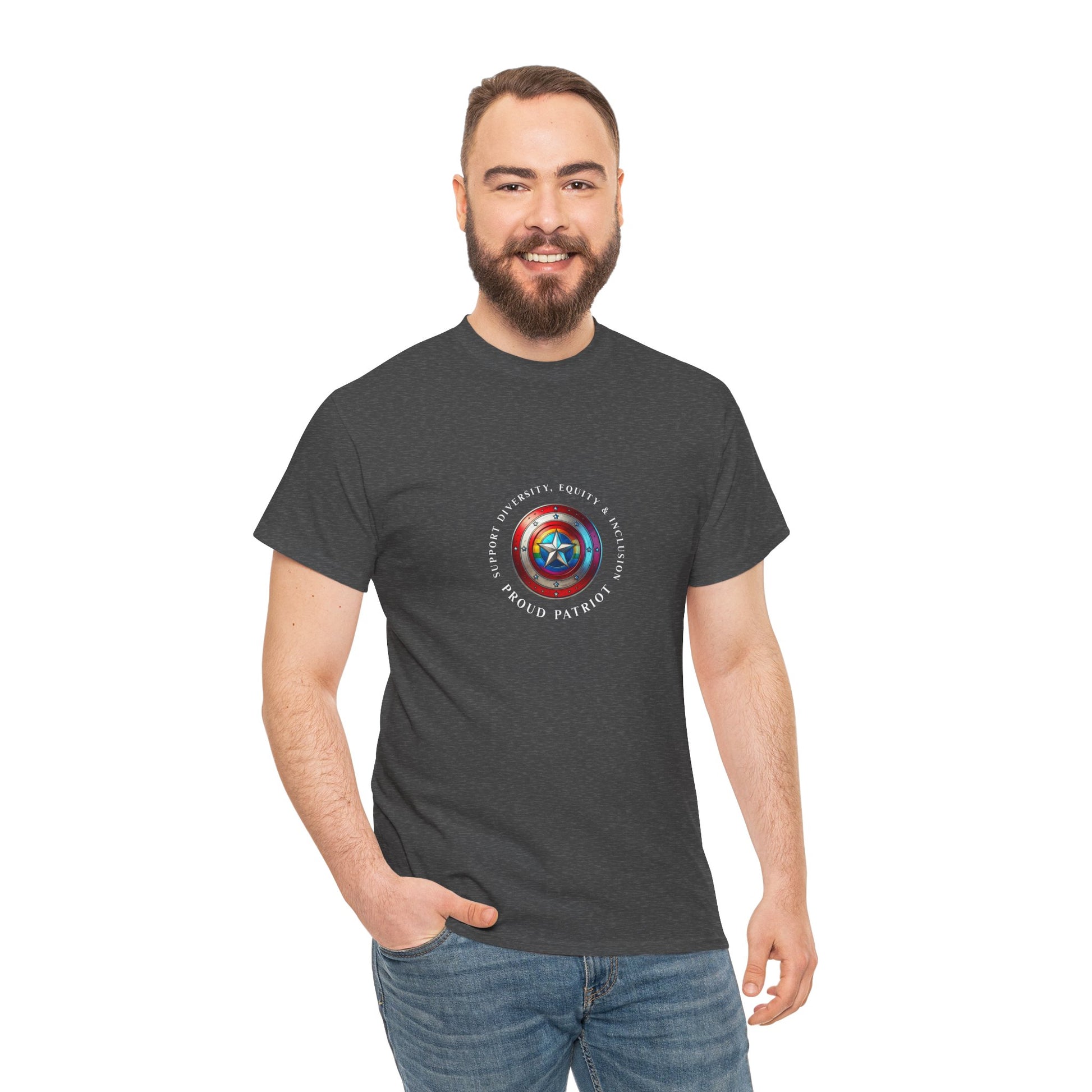 Vibrant DEI shield design on a unisex t-shirt celebrating diversity, equity, inclusion, and patriotism with a rainbow and star emblem.