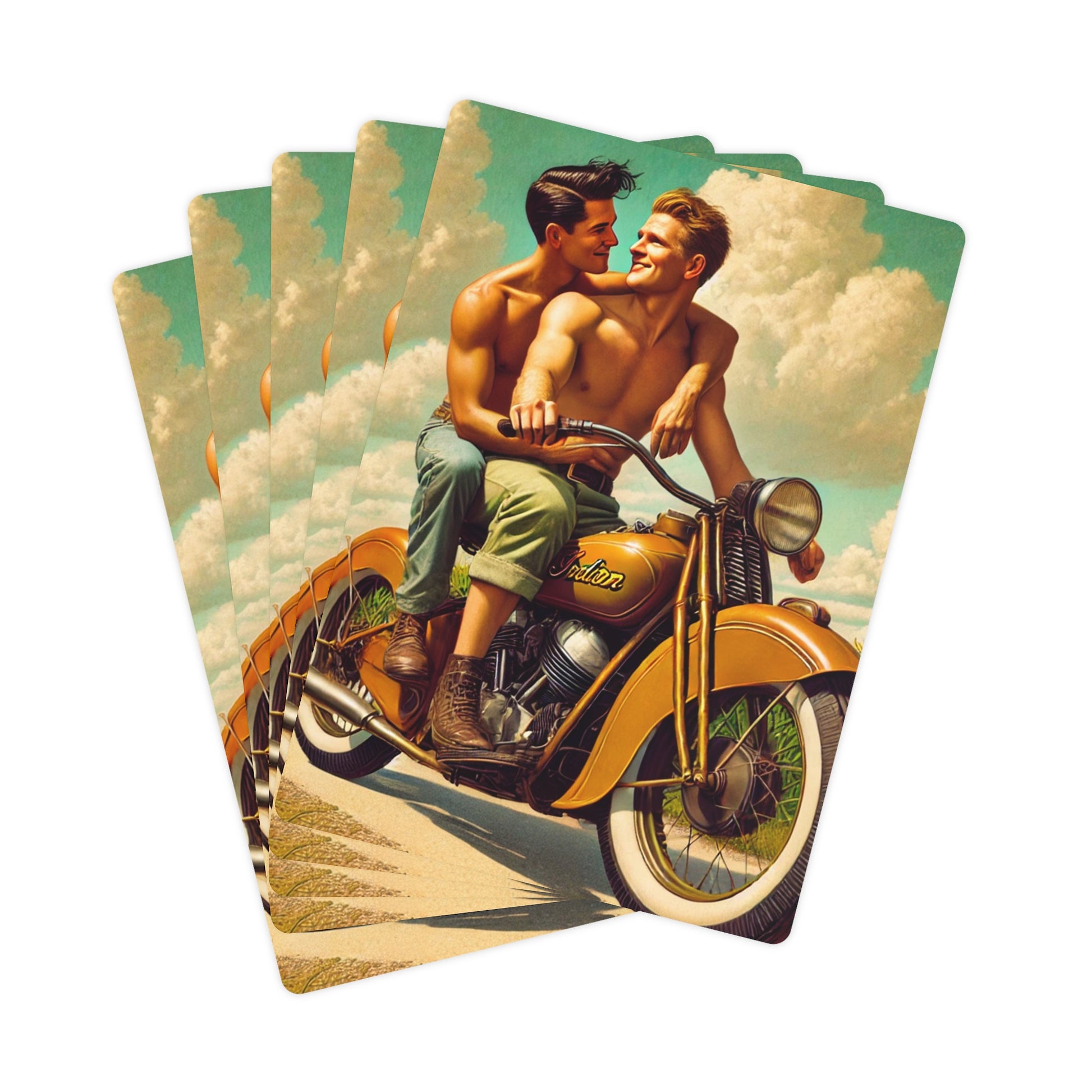 A gay couple on a golden Indian motorcycle, sharing a romantic moment under a serene sky, featured in a Grant Wood-inspired poker card design.