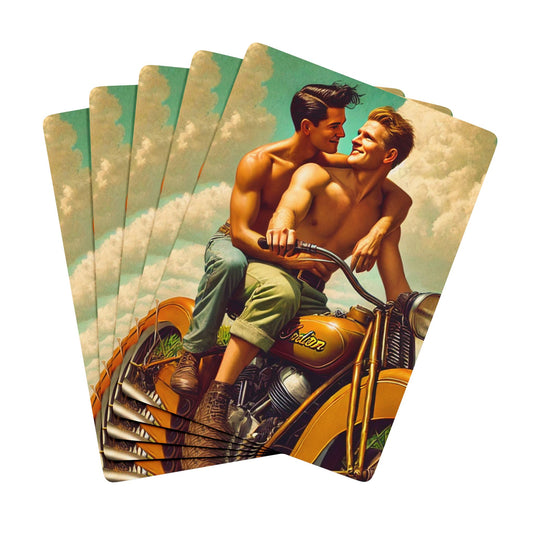 Vintage-inspired poker deck featuring two men on a classic Indian motorcycle, sharing a heartfelt moment. Gay Couple