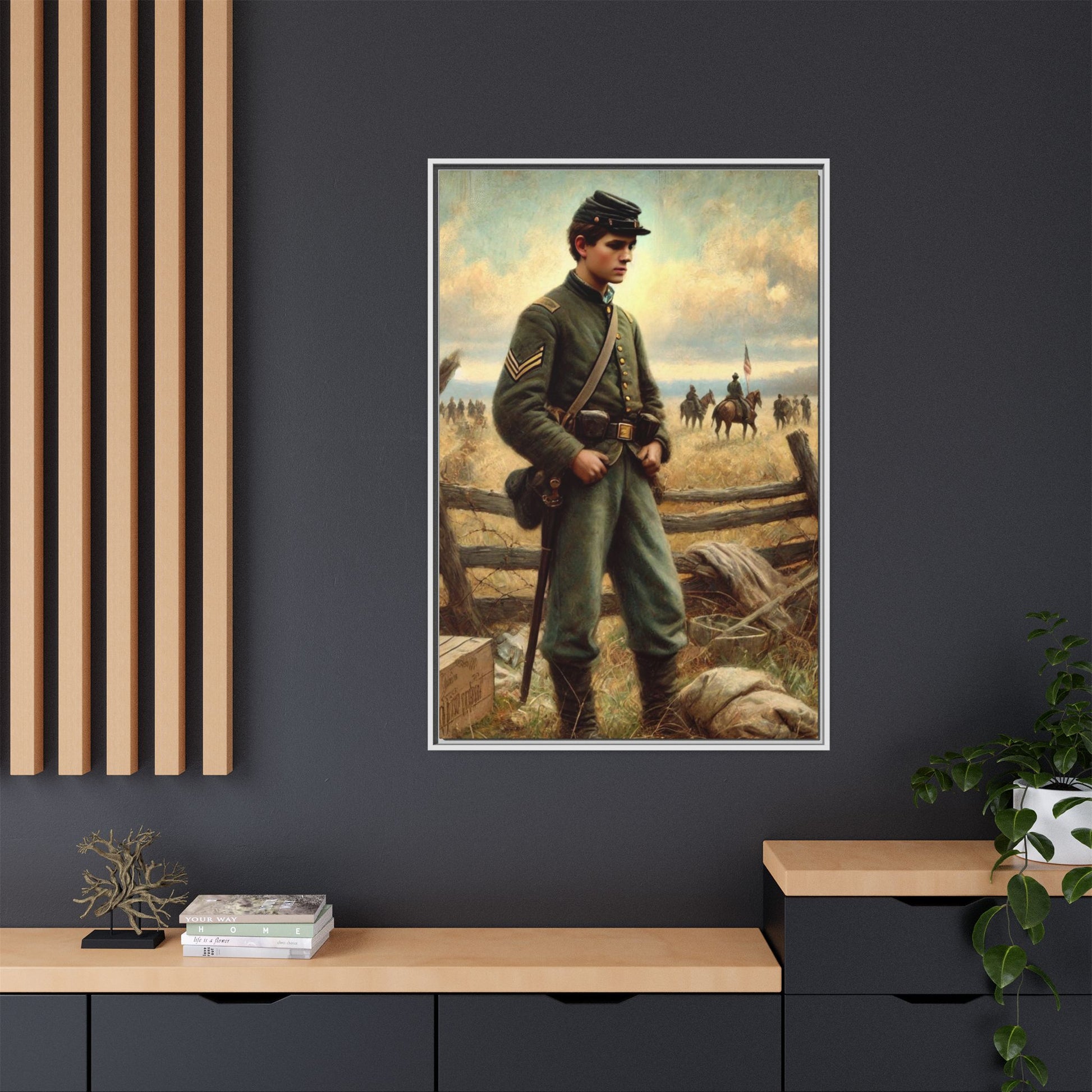 Framed artwork of a young Civil War Union soldier inspired by Walt Whitman’s Drum-Taps poems and Grant Wood's style, depicting battlefield sacrifice, humanity, and historical charm.