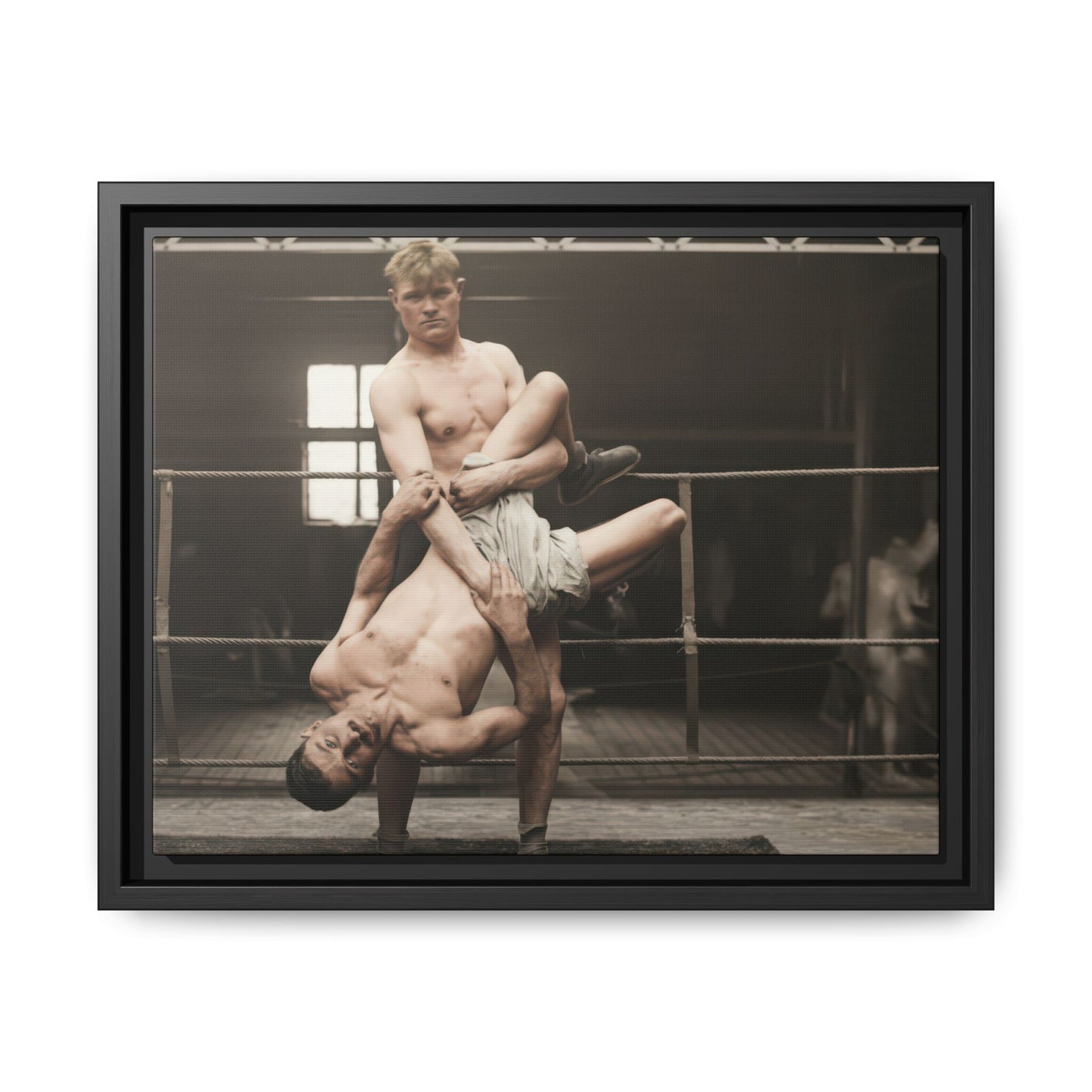 Restored vintage photograph of a wrestling lift inside a ring interior 