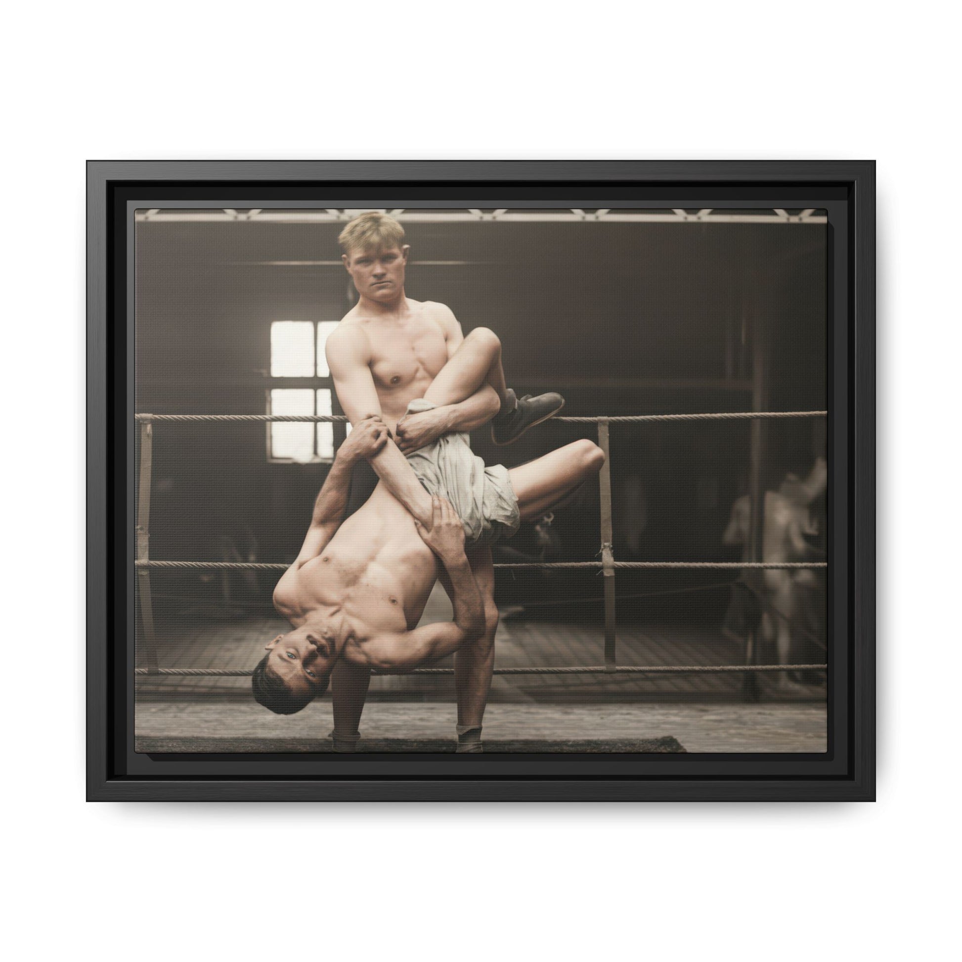 Restored vintage photograph of a wrestling lift inside a ring interior 