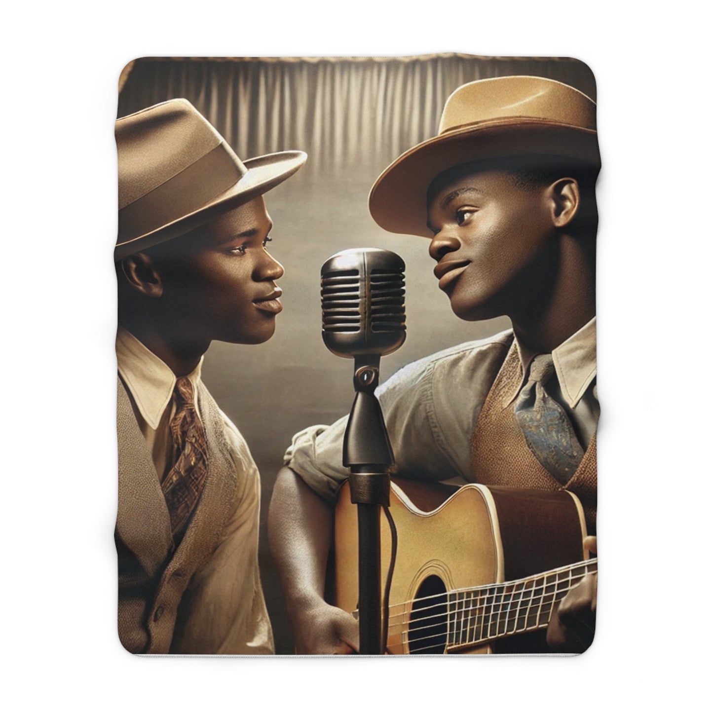 Cozy sherpa throw with Grant Wood inspired musical artwork and vintage microphone 