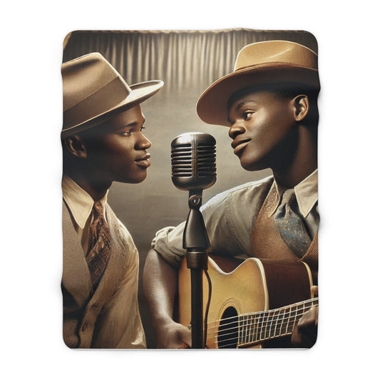 Cozy sherpa throw with Grant Wood inspired musical artwork and vintage microphone 