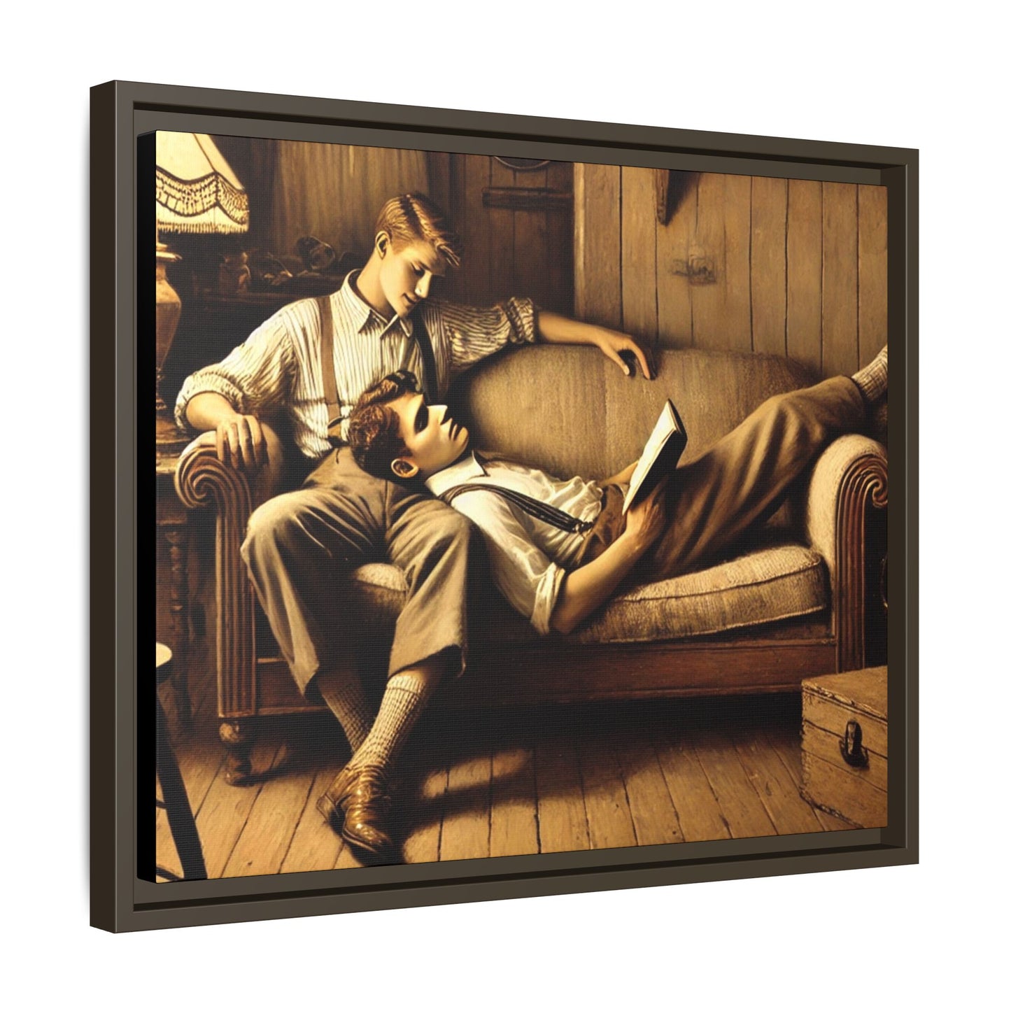 Art of a gay couple sharing an intimate moment on a cozy sofa in a rustic living room, inspired by Grant Wood’s style