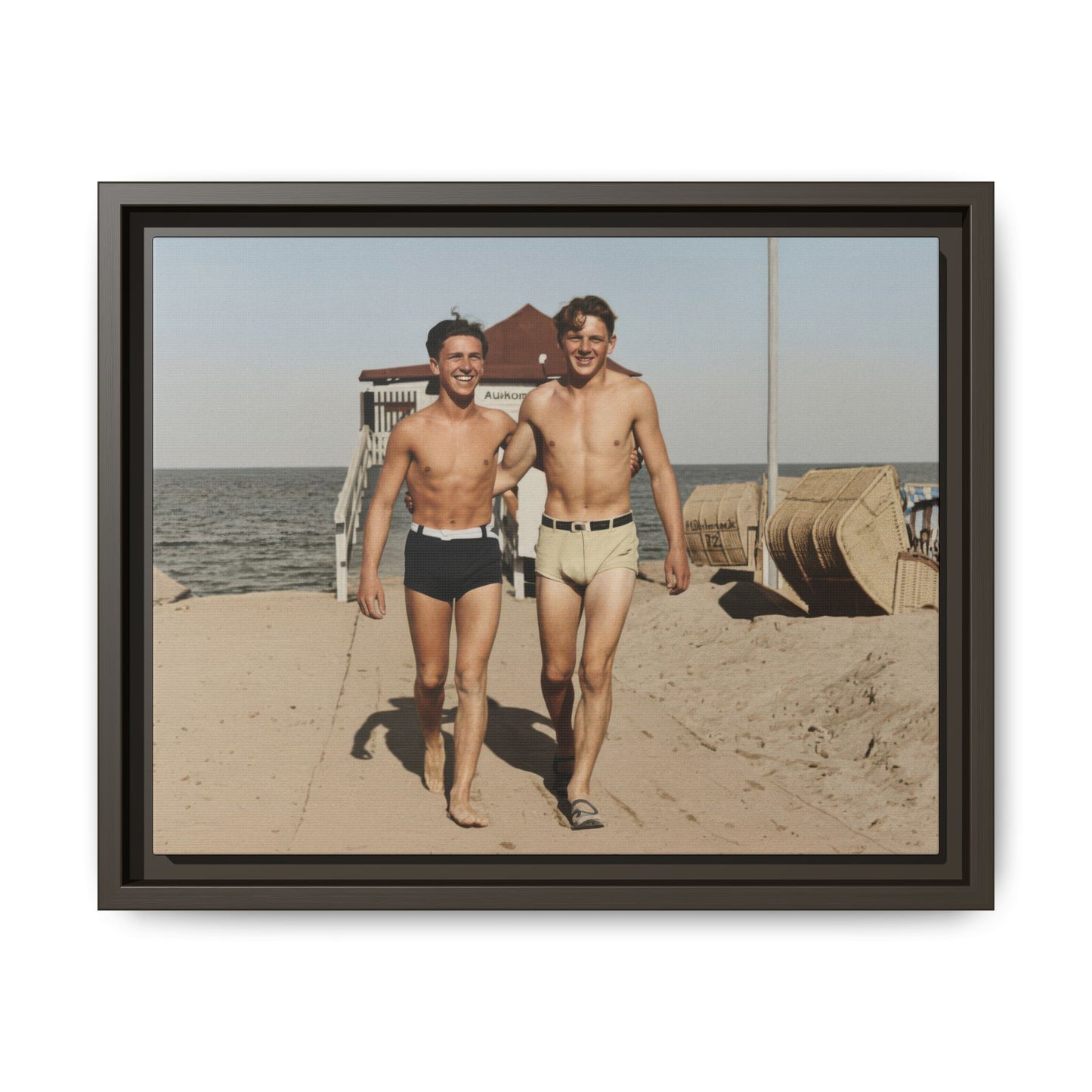 Vintage beach walking scene wall art canvas print 