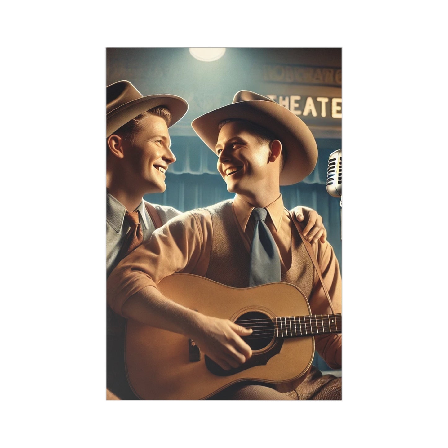 Charming postcard set featuring a gay couple recording a country-western song in a 1930s-style vintage studio.