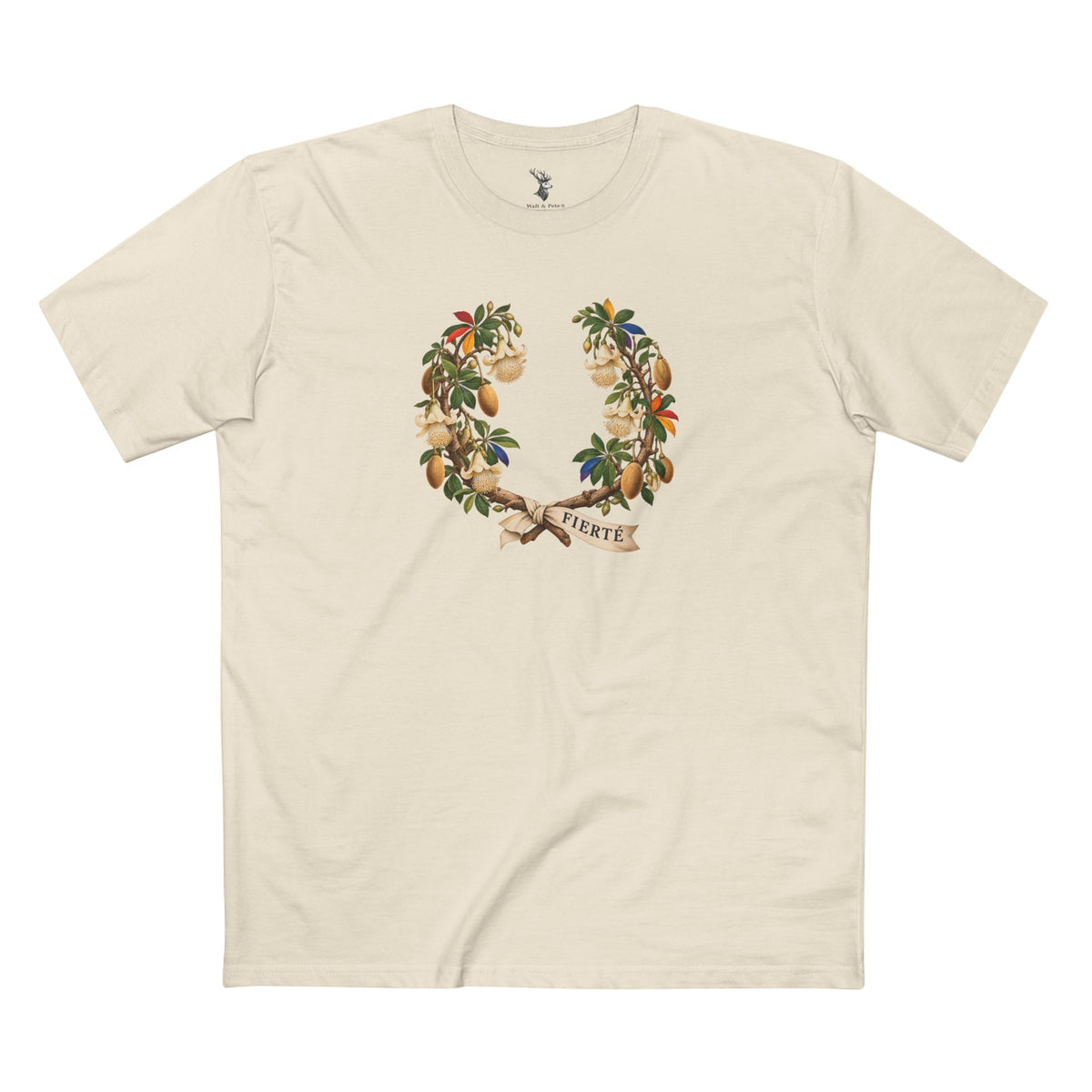 Front view of a T-shirt featuring a Malian baobab Pride wreath with pale blossoms, rainbow leaflets, and an ivory FIERTÉ ribbon.
