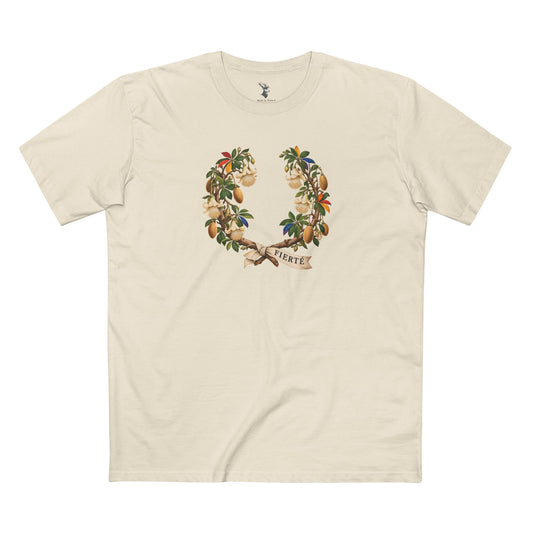 Front view of a T-shirt featuring a Malian baobab Pride wreath with pale blossoms, rainbow leaflets, and an ivory FIERTÉ ribbon.