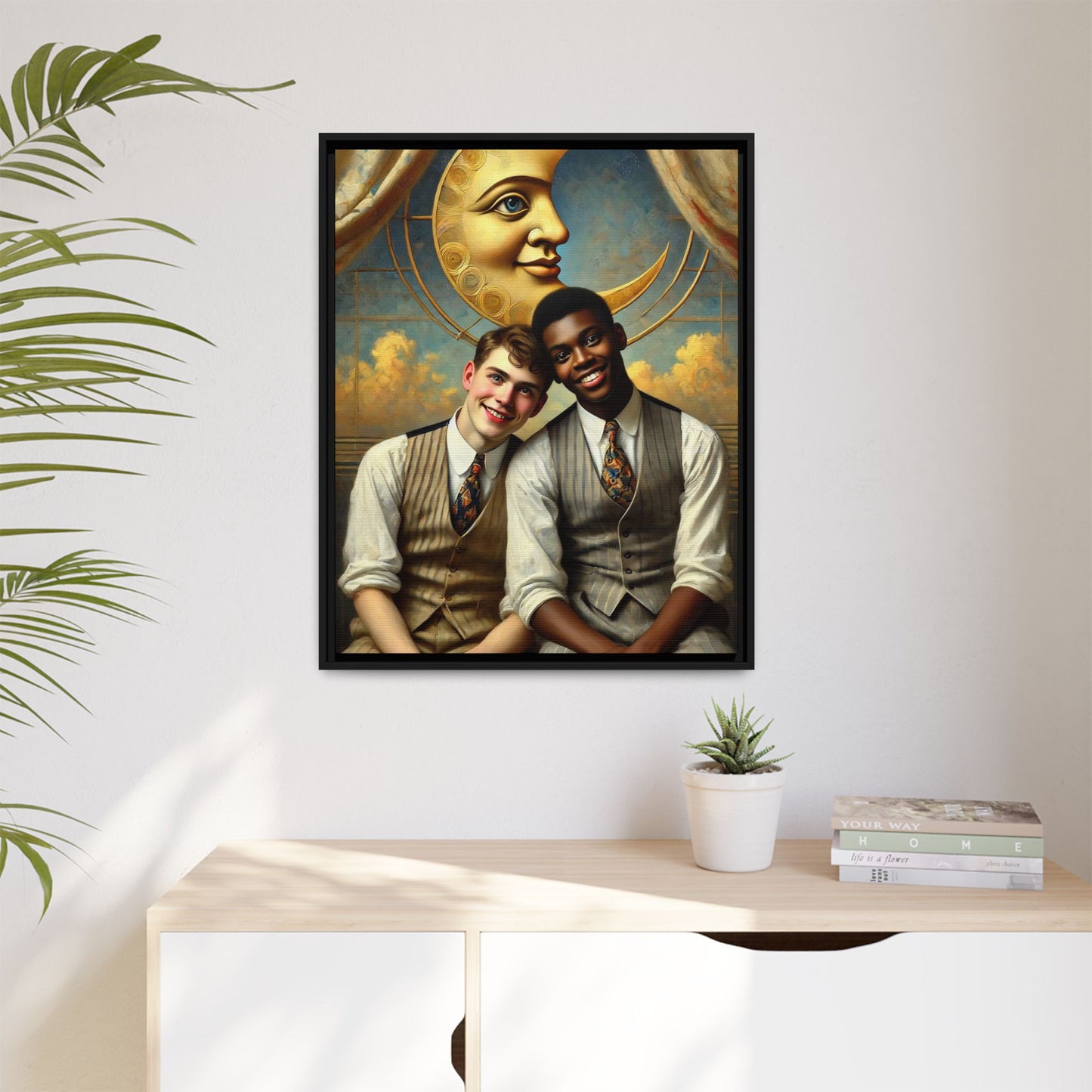 A vintage-style artwork showing a young interracial gay couple in 1920s attire sitting beneath a golden crescent moon with a serene expression. Their joyful closeness reclaims erased queer history and reflects the beauty of interracial love through a lens of tenderness and celebration.
