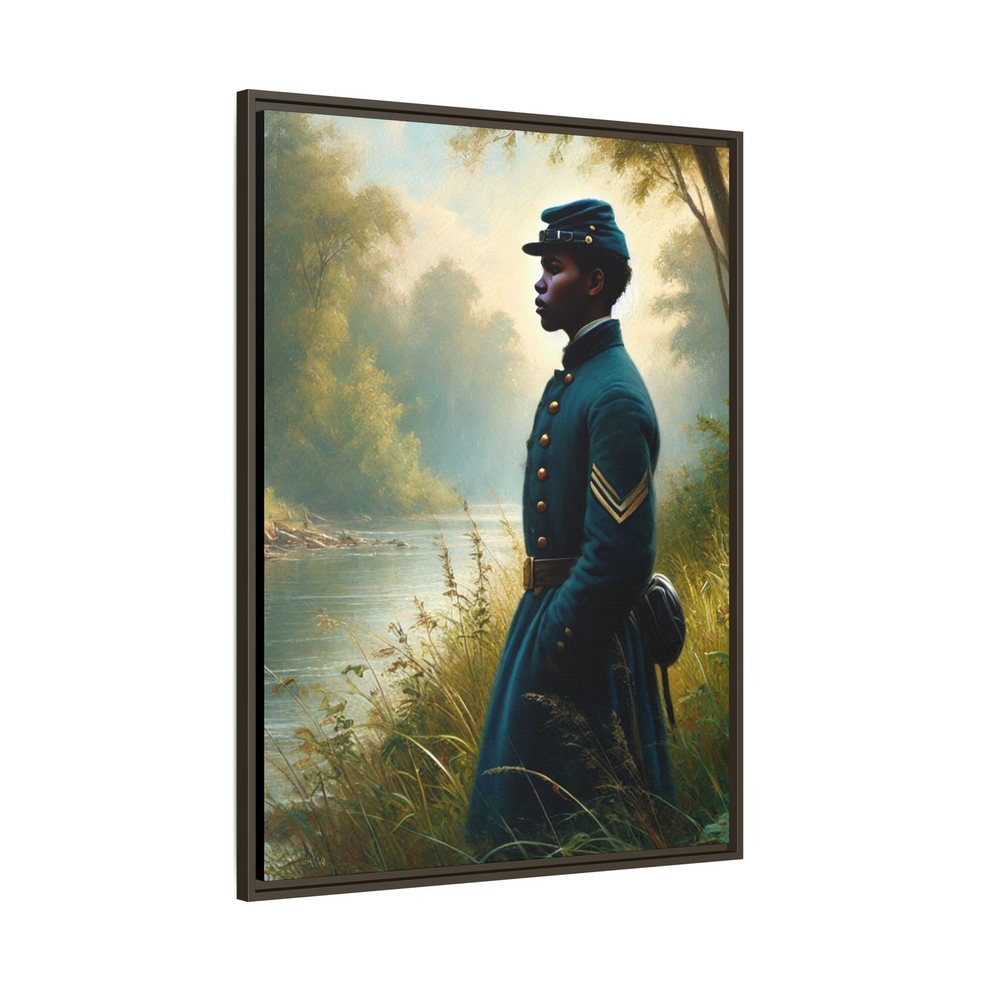 Portrait of an African American Union soldier standing solemnly by a riverside, inspired by Walt Whitman’s Leaves of Grass and Drum-Taps, honoring sacrifice, resilience, and history. Grant Wood Inspired