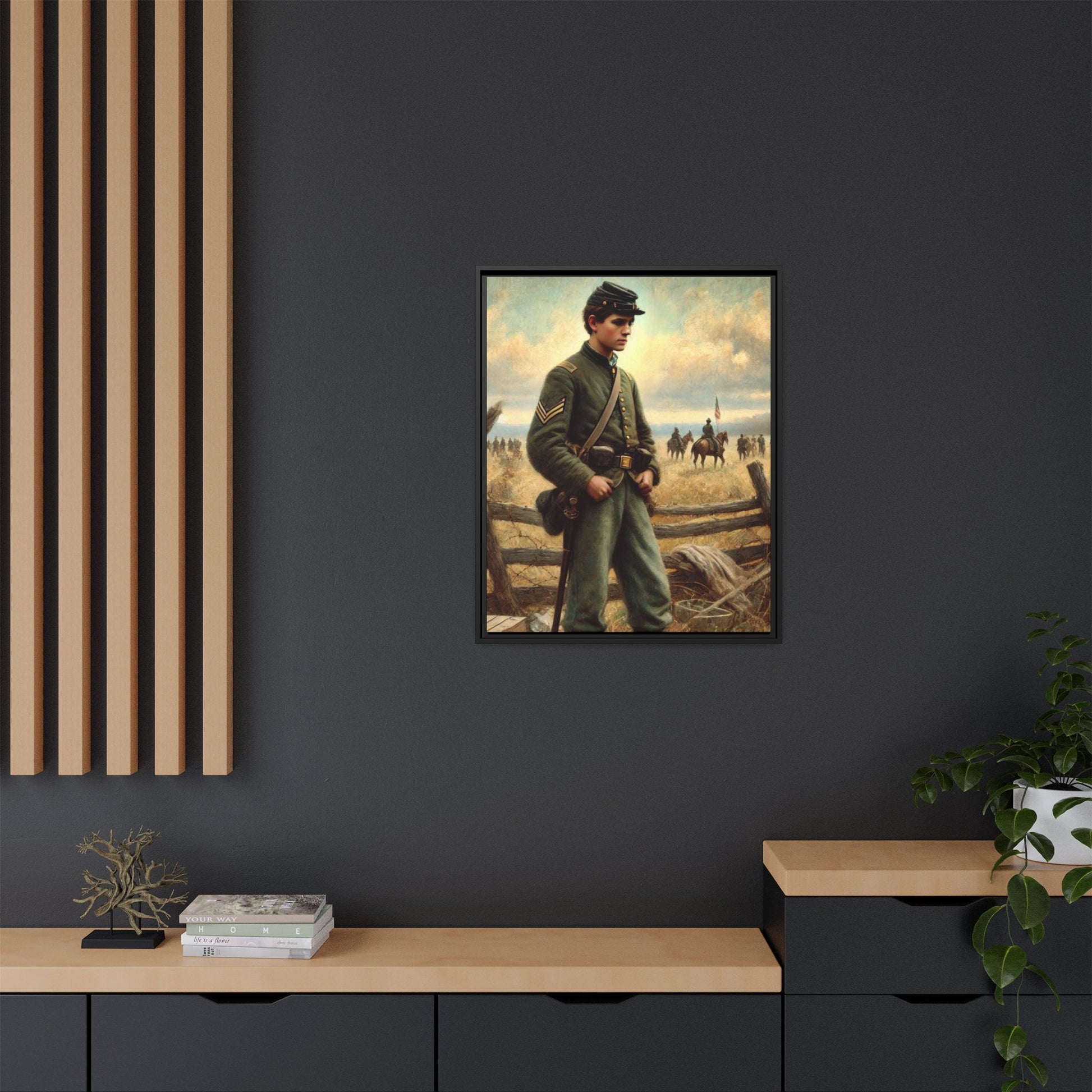 Framed artwork of a young Civil War Union soldier inspired by Walt Whitman’s Drum-Taps poems and Grant Wood's style, depicting battlefield sacrifice, humanity, and historical charm.