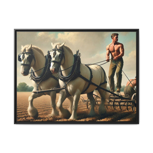 Vintage-style artwork of a shirtless man plowing a field with white horses, celebrating rural life and resilience.