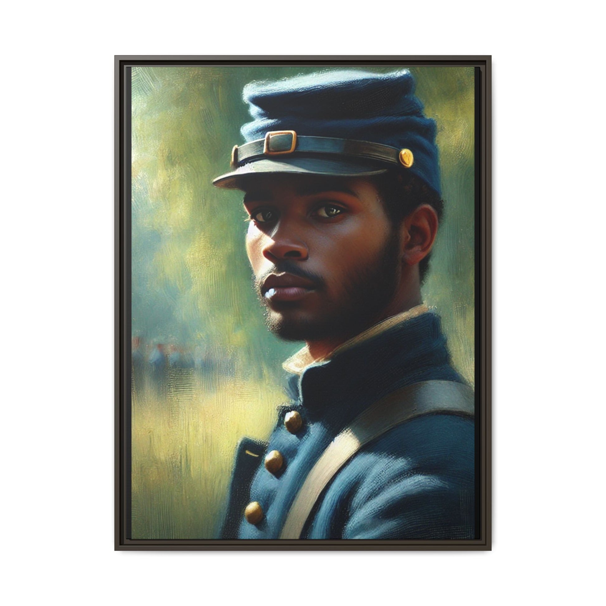 Portrait of an African American Civil War Union soldier in a kepi and navy wool coat, inspired by Walt Whitman’s Drum-Taps, honoring bravery, sacrifice, and resilience.