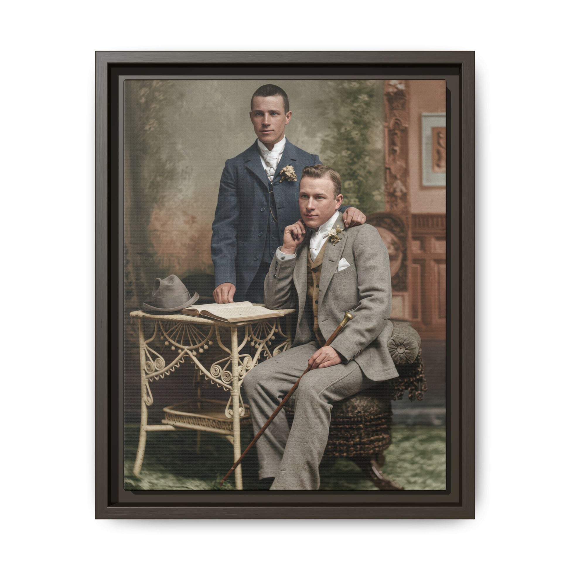 Historic studio portrait of two men with table vintage archival photo