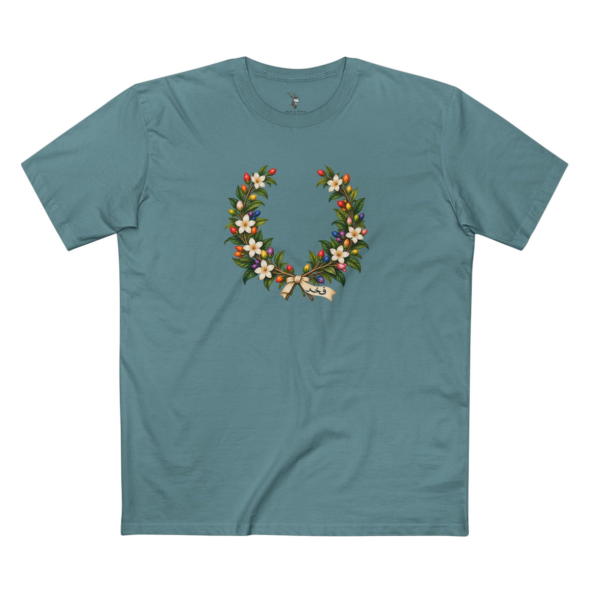 Celebrate Pakistani heritage and LGBTQ+ Pride with an archival jasmine laurel wreath and the Urdu word فخر, meaning pride, honor, and dignity.