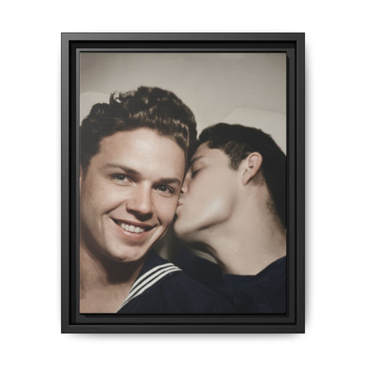 Mid-20th century close portrait of two sailors in navy uniforms in a photobooth-style composition