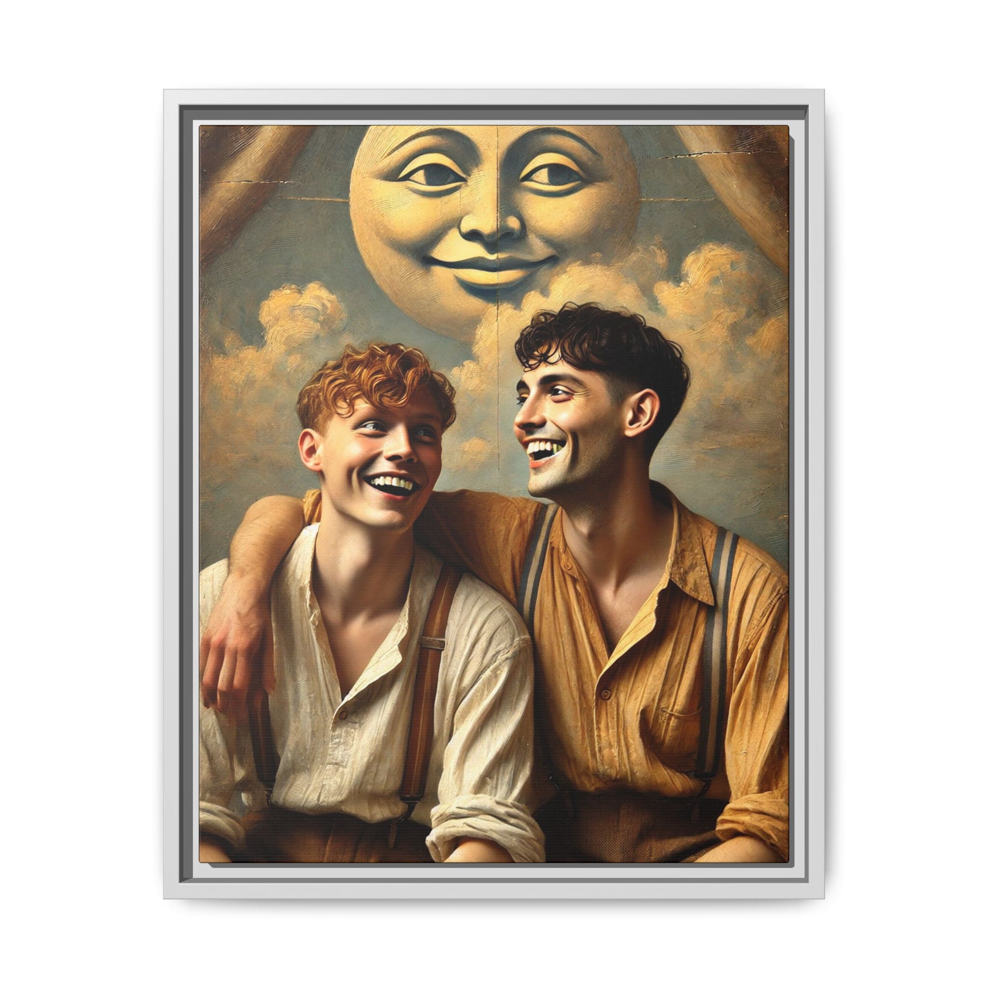 Queer artwork of two joyful young men dressed in vintage clothing with rolled sleeves and suspenders, laughing under a large moon prop in a dreamy studio scene. A celebration of love and resilience reclaimed from forgotten queer histories.