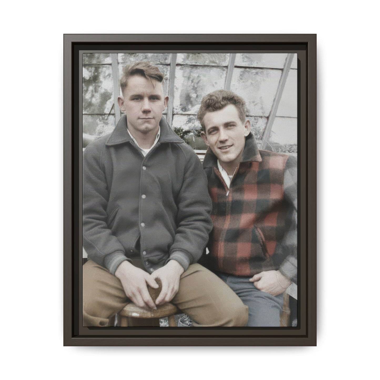 Mid-century two figure portrait with plaid jacket and wooden stool wall art