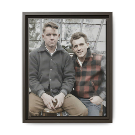 Mid-century two figure portrait with plaid jacket and wooden stool wall art