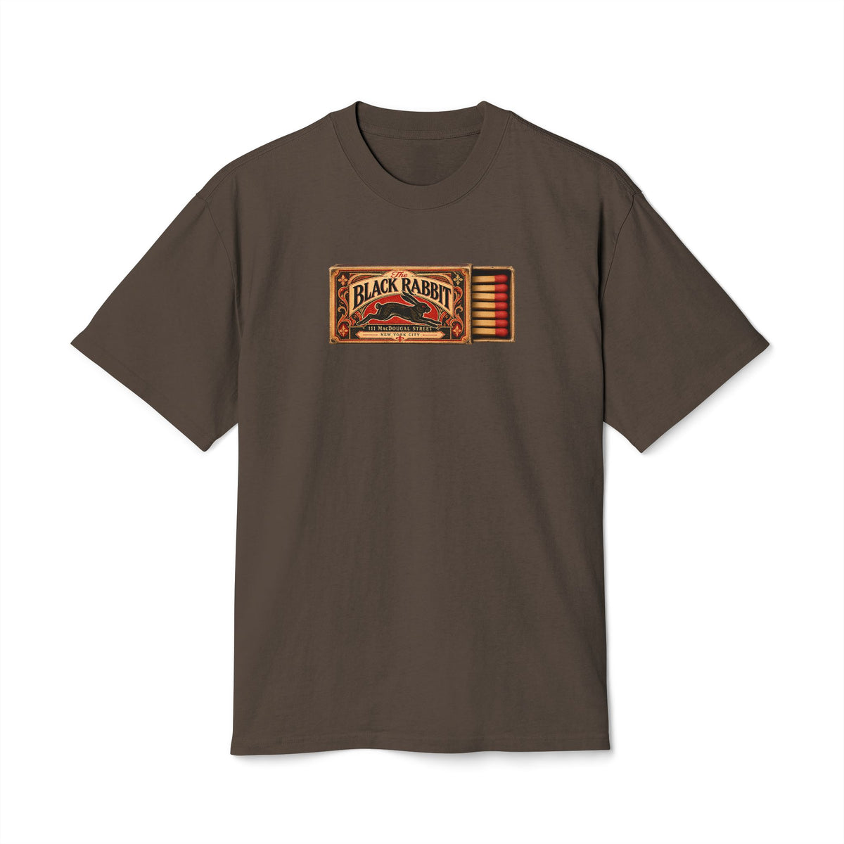 The Black Rabbit Victorian-inspired unfolded matchbook T-shirt graphic with leaping black rabbit, ornate lettering, and Greenwich Village streetscape.
