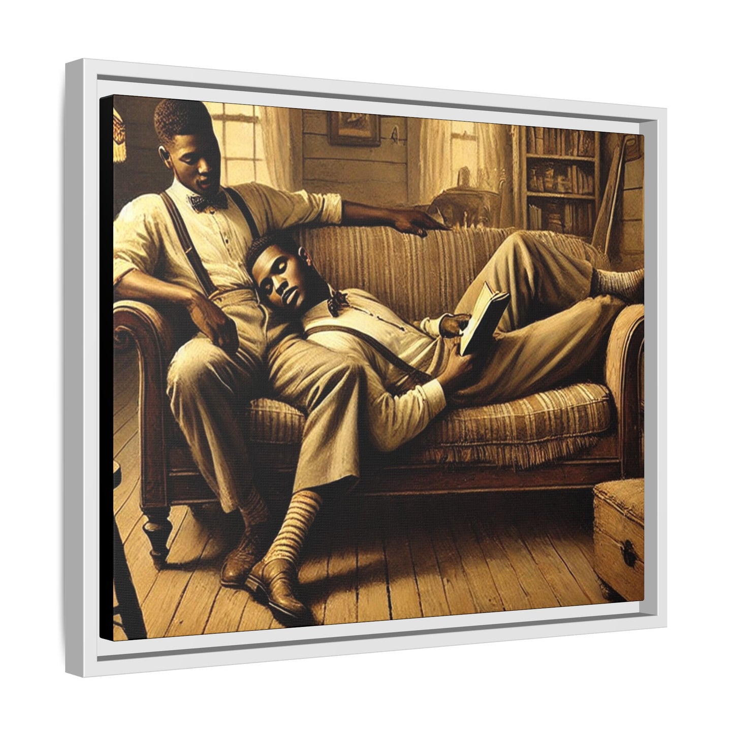 Framed artwork of an African-American gay couple sharing an intimate moment on a rustic sofa, inspired by Grant Wood’s style