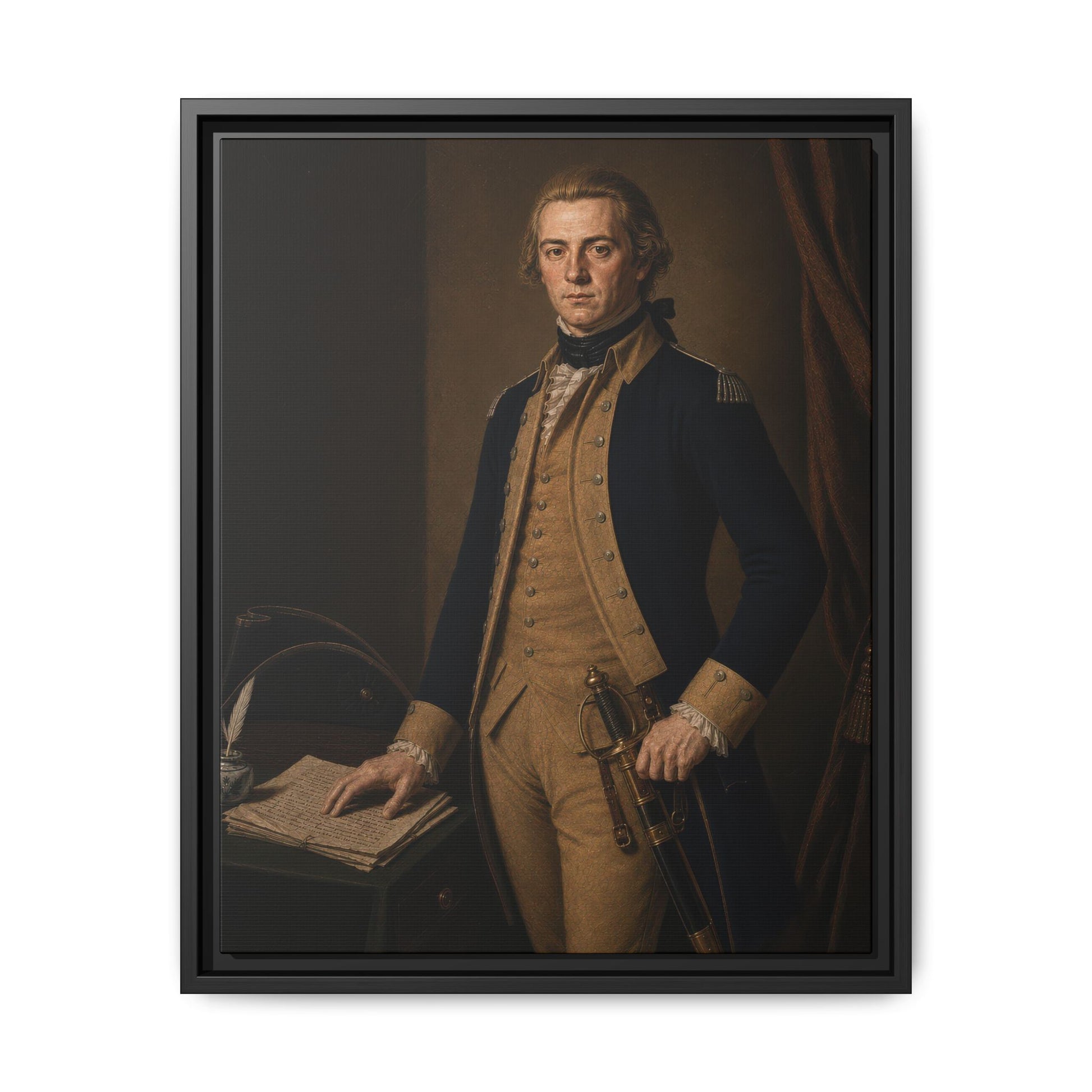 Historically inspired portrait of Lieutenant Gotthold Frederick Enslin standing beside a writing table in a Continental Army officer's uniform.