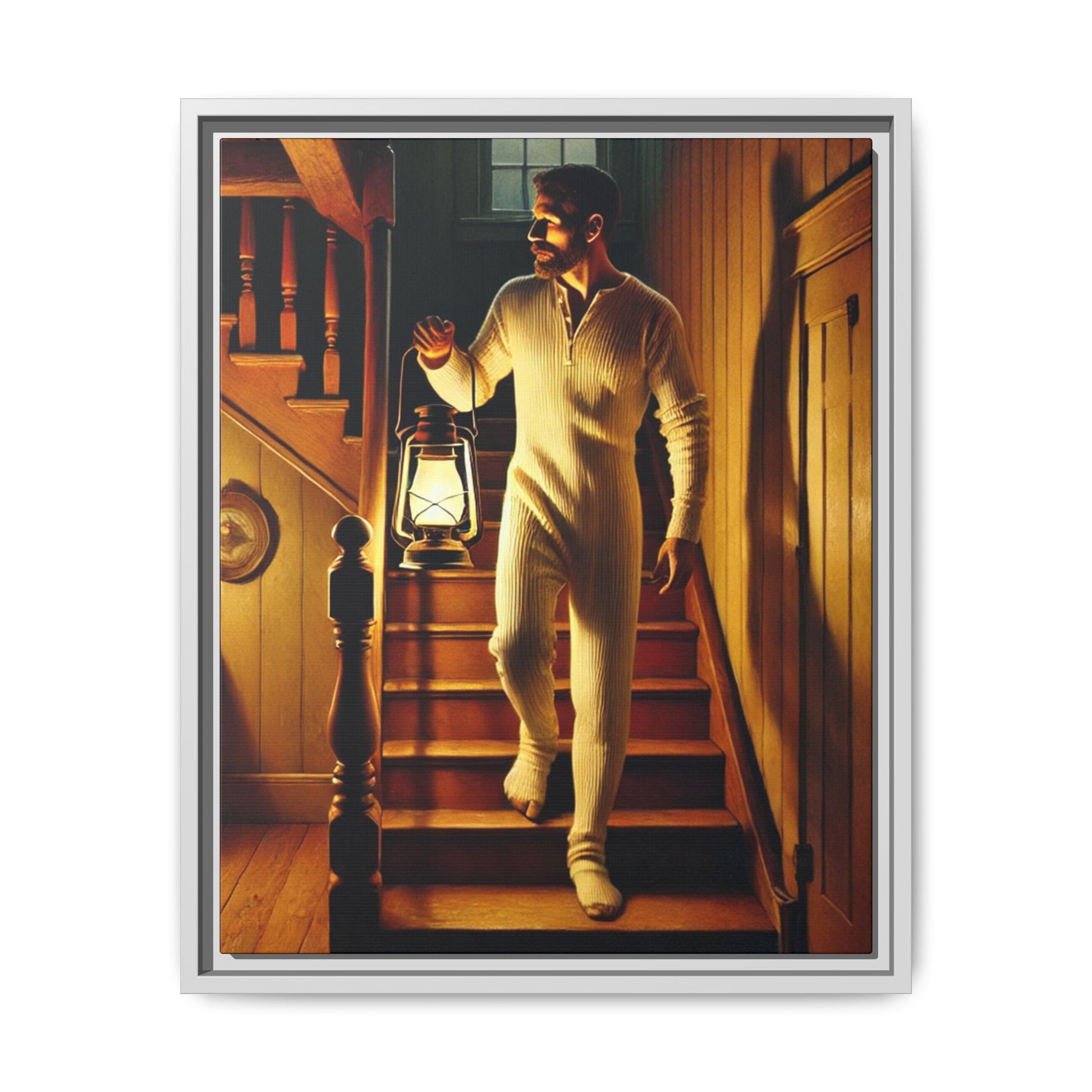 Atmospheric artwork of a man descending wooden stairs with a lantern, inspired by Grant Wood’s rural themes.