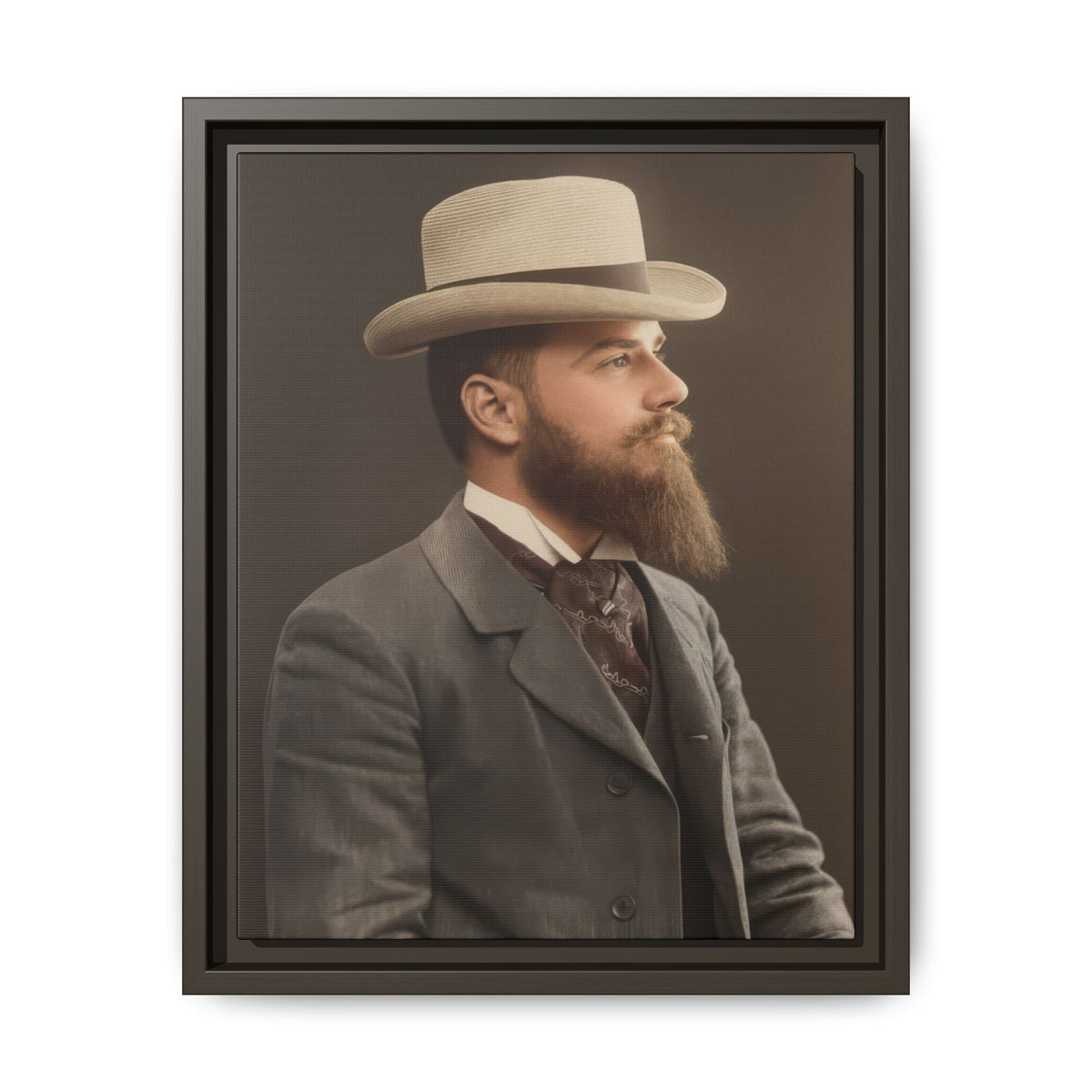 Bearded sitter wearing a gray tailored jacket, high white collar, and patterned burgundy-toned cravat against a brown background.