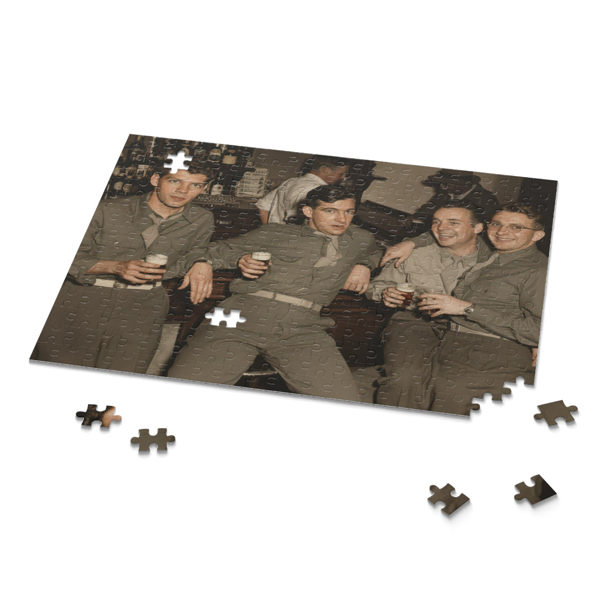 Partly assembled vintage bar photograph puzzle with drinking glasses, wristwatches, loose ties, and an arm across a shoulder.”