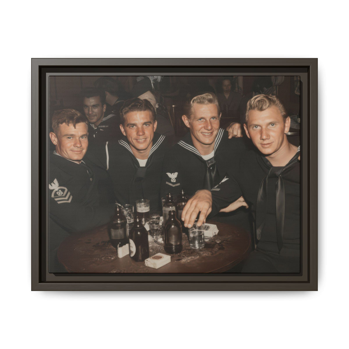 Hommes 007 artwork for framed matte canvas, showing four uniformed men around a curved wooden table with sleeve insignia, bottles, and drinking glasses.