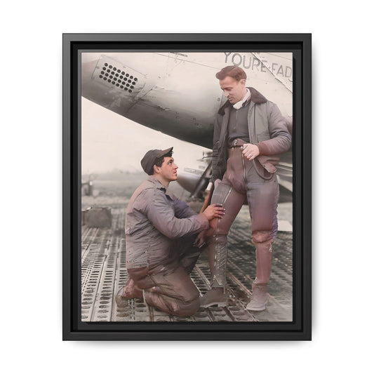 Restored vintage photo of Frank & Albert, a WWII pilot and mechanic on the USS Hornet, framed matte canvas art. US Airforce Gay Couple