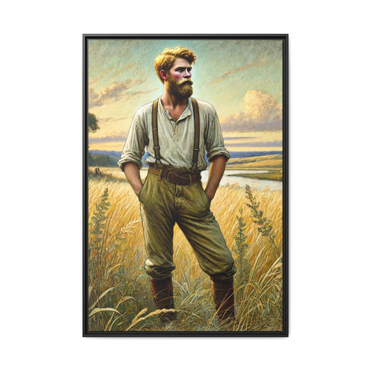 Framed artwork of a confident farmer in 19th-century attire, standing in a golden wheat field, inspired by Walt Whitman’s Song of Myself in Leaves of Grass.