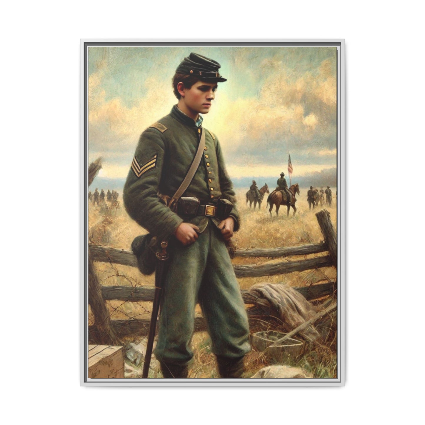 Framed artwork of a young Civil War Union soldier inspired by Walt Whitman’s Drum-Taps poems and Grant Wood's style, depicting battlefield sacrifice, humanity, and historical charm.