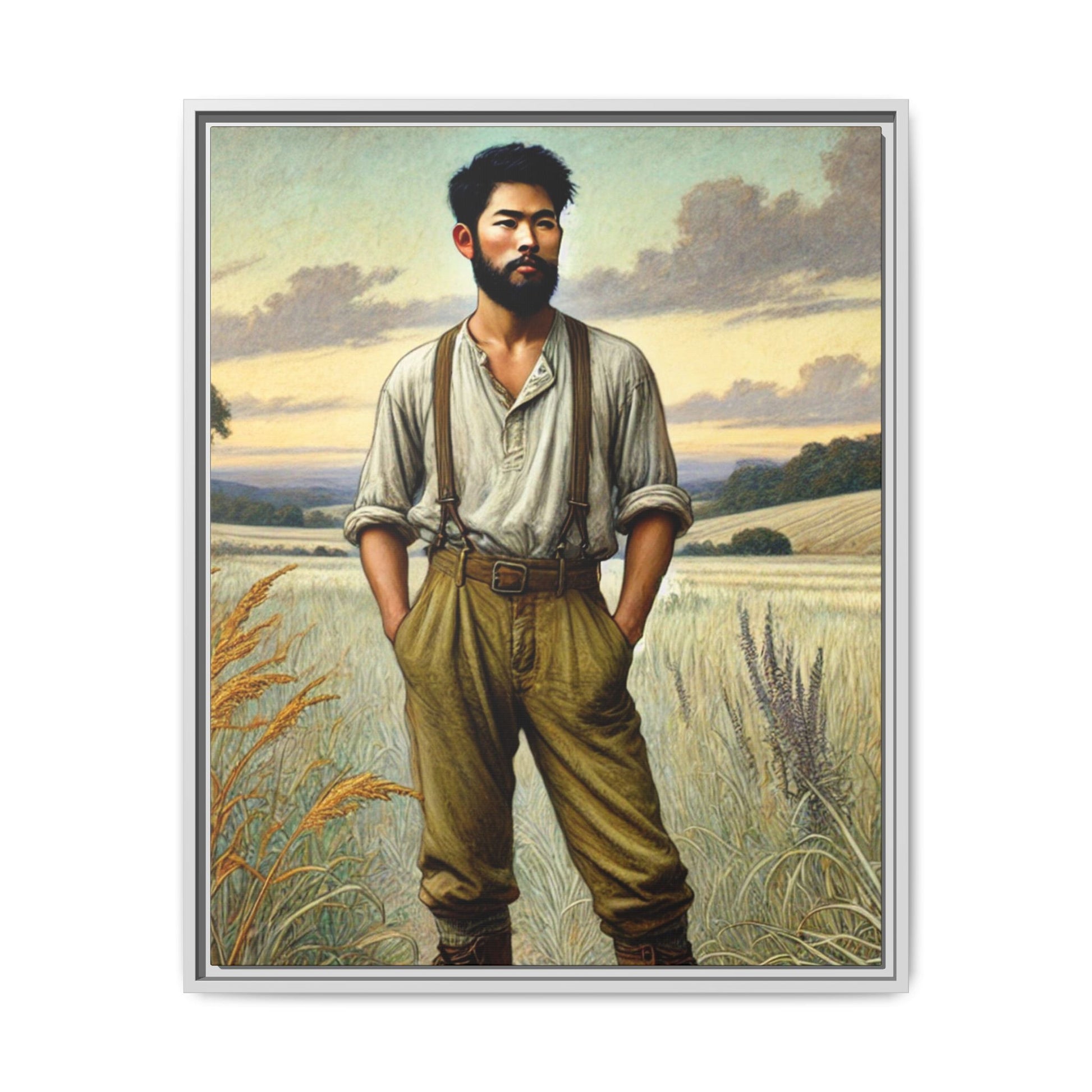 Framed artwork of an Asian-American farmer in 19th-century attire, inspired by Walt Whitman’s Leaves of Grass and Song of Myself, set against a serene rural backdrop of golden wheat fields and rolling hills.