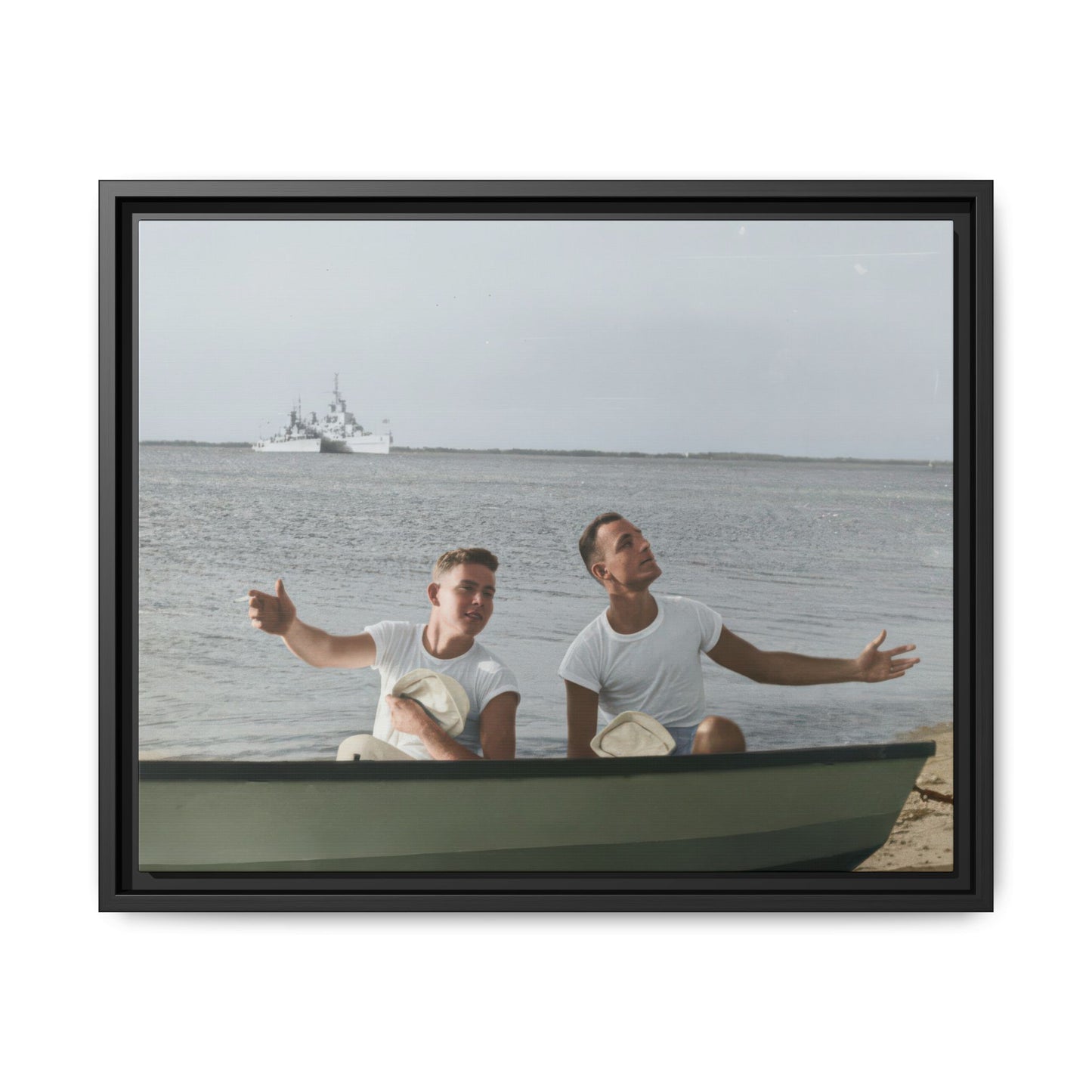 Historical maritime portrait showing two sailors in white shirts holding caps on calm water