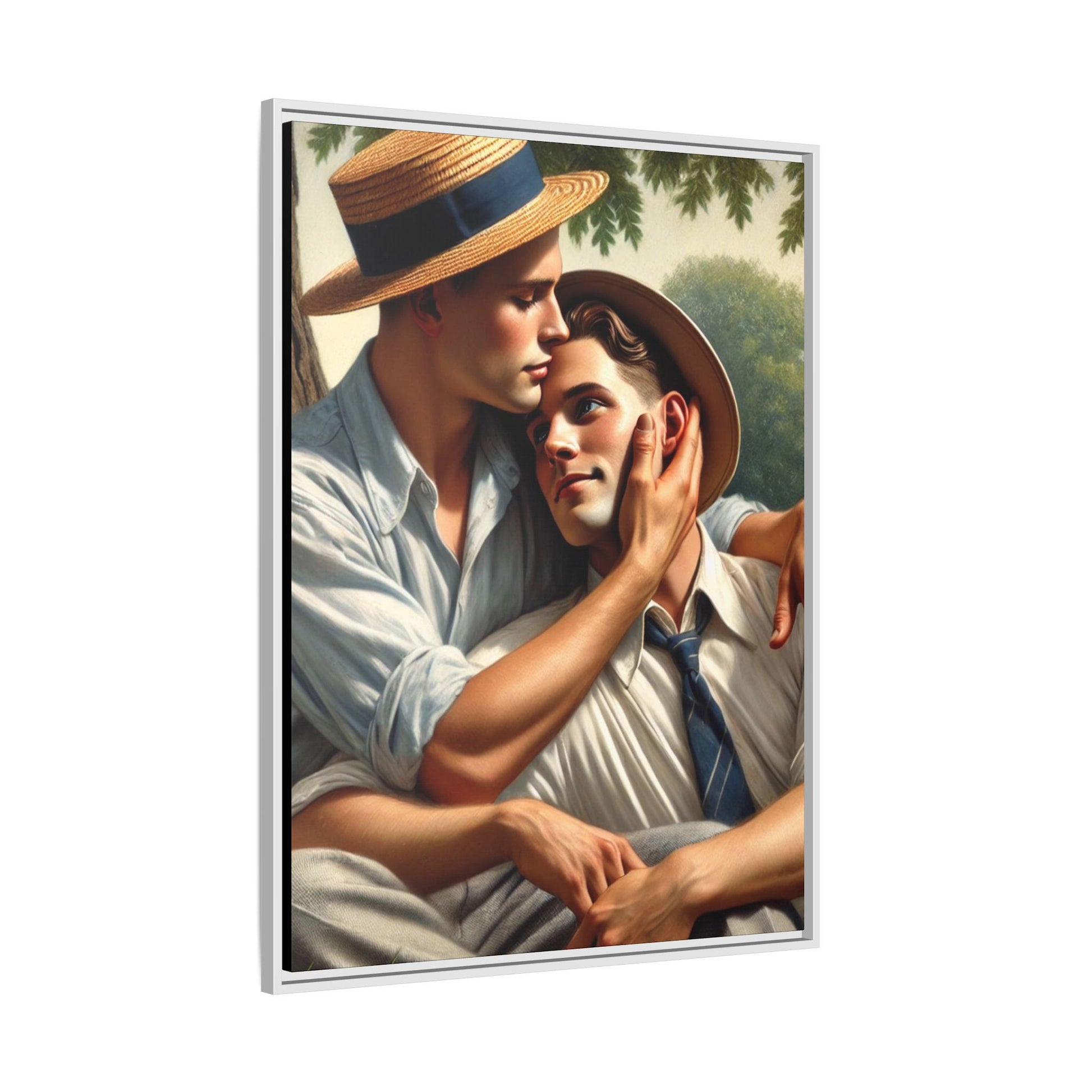 Vintage-style artwork of a gay couple in a sunlit meadow, sharing an affectionate moment in the 1930s