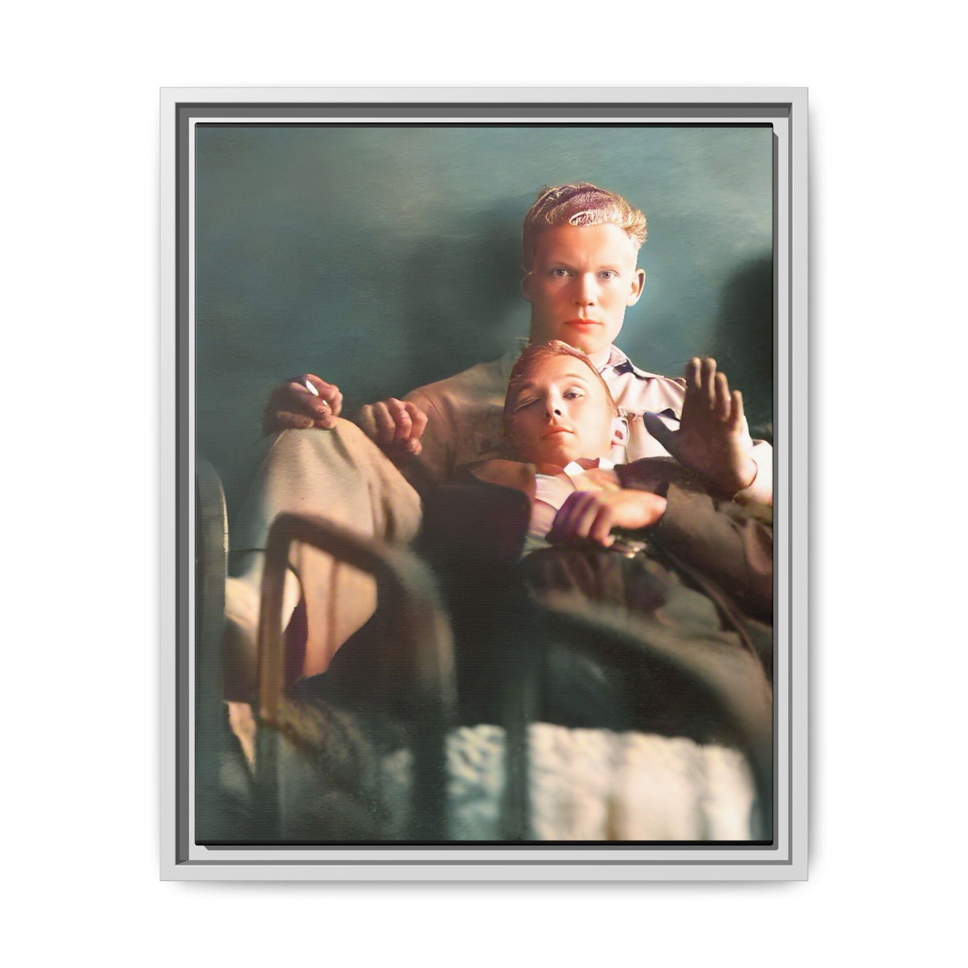 Vintage LGBTQ+ love portrait of Balfour & Strom in Mobile, Alabama. A restored historic photograph capturing timeless affection and connection, available as a museum-quality matte canvas print with handcrafted frame options. Gay Couple