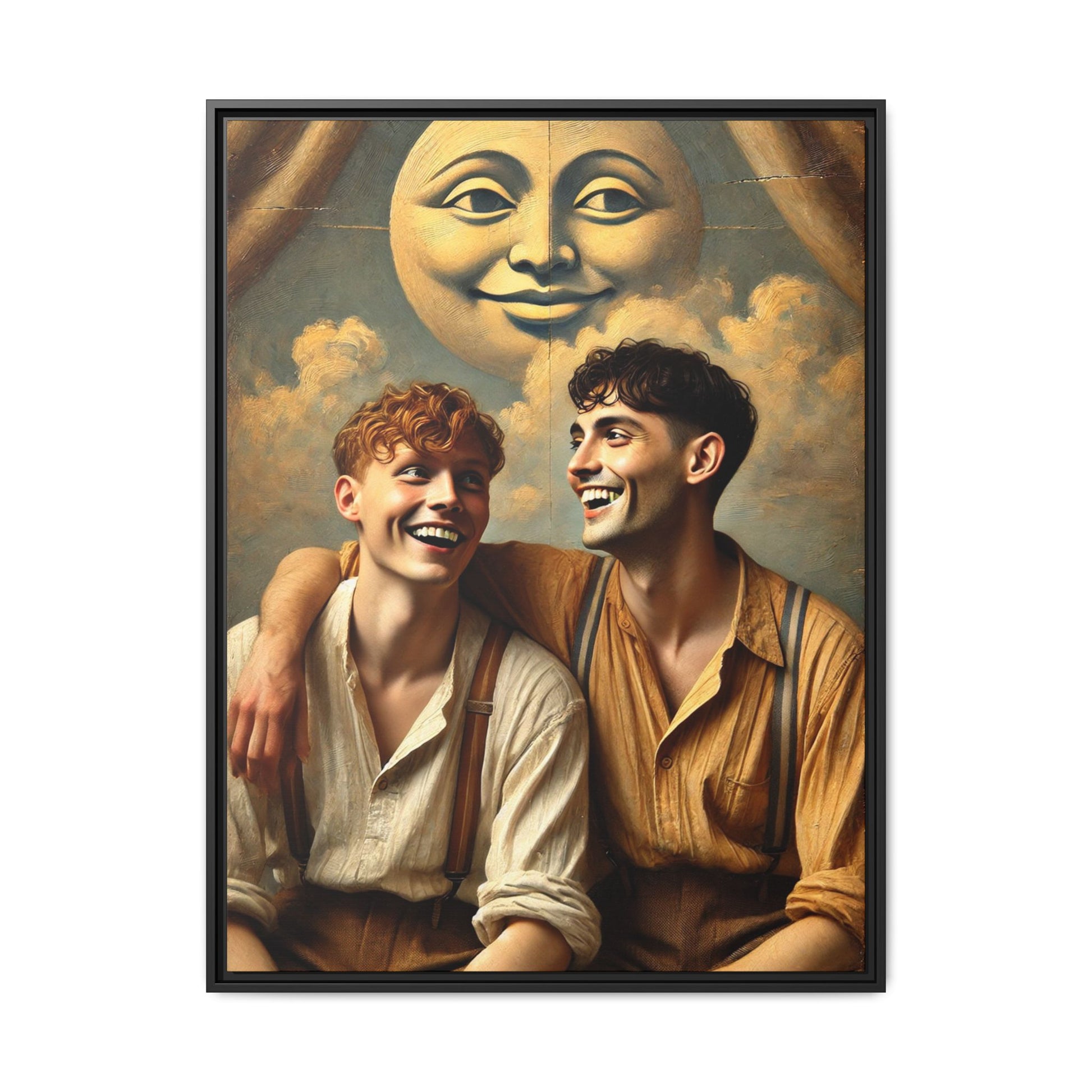 Queer artwork of two joyful young men dressed in vintage clothing with rolled sleeves and suspenders, laughing under a large moon prop in a dreamy studio scene. A celebration of love and resilience reclaimed from forgotten queer histories.