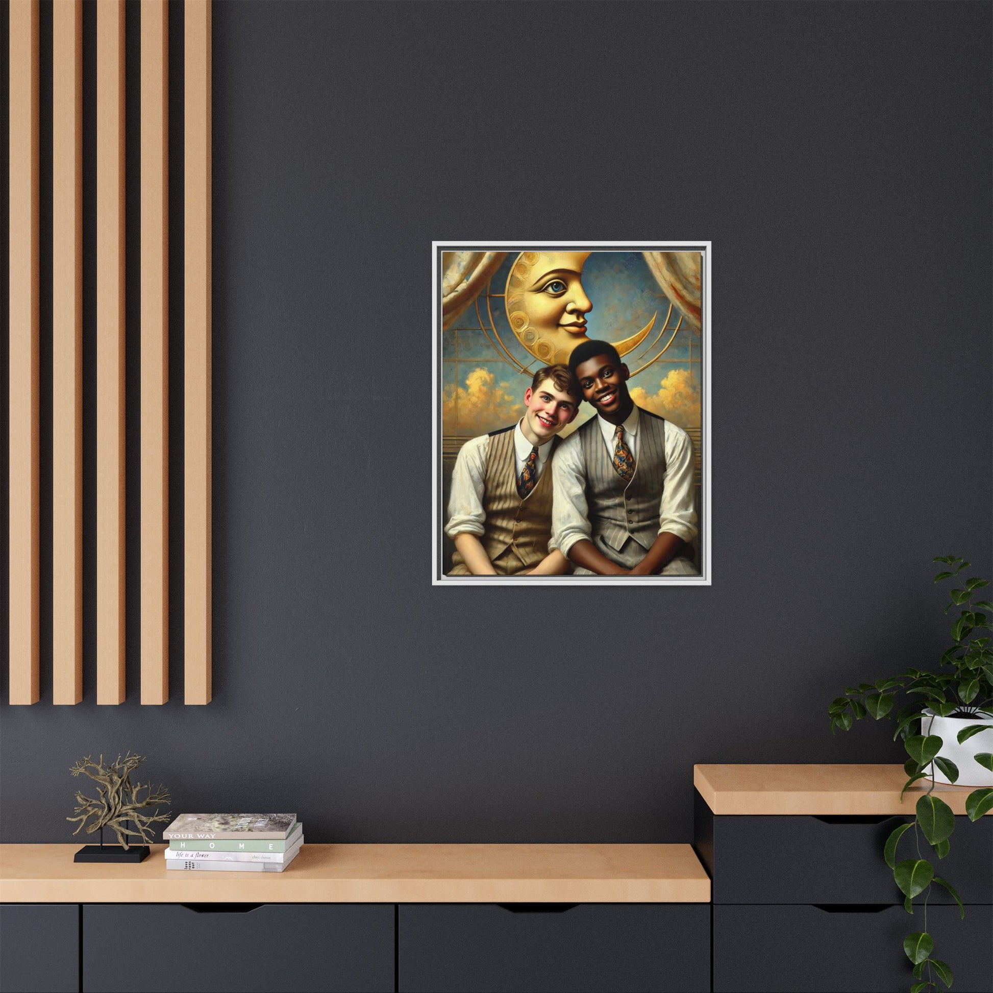 A vintage-style artwork showing a young interracial gay couple in 1920s attire sitting beneath a golden crescent moon with a serene expression. Their joyful closeness reclaims erased queer history and reflects the beauty of interracial love through a lens of tenderness and celebration.