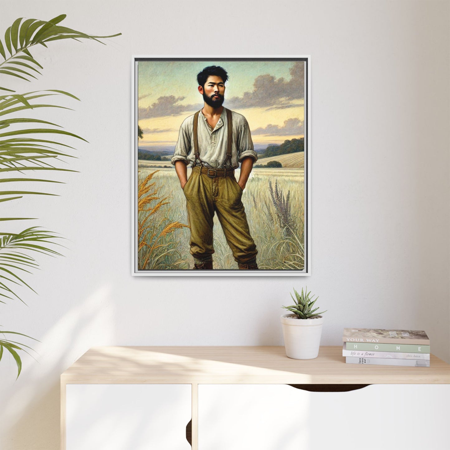 Framed artwork of an Asian-American farmer in 19th-century attire, inspired by Walt Whitman’s Leaves of Grass and Song of Myself, set against a serene rural backdrop of golden wheat fields and rolling hills.