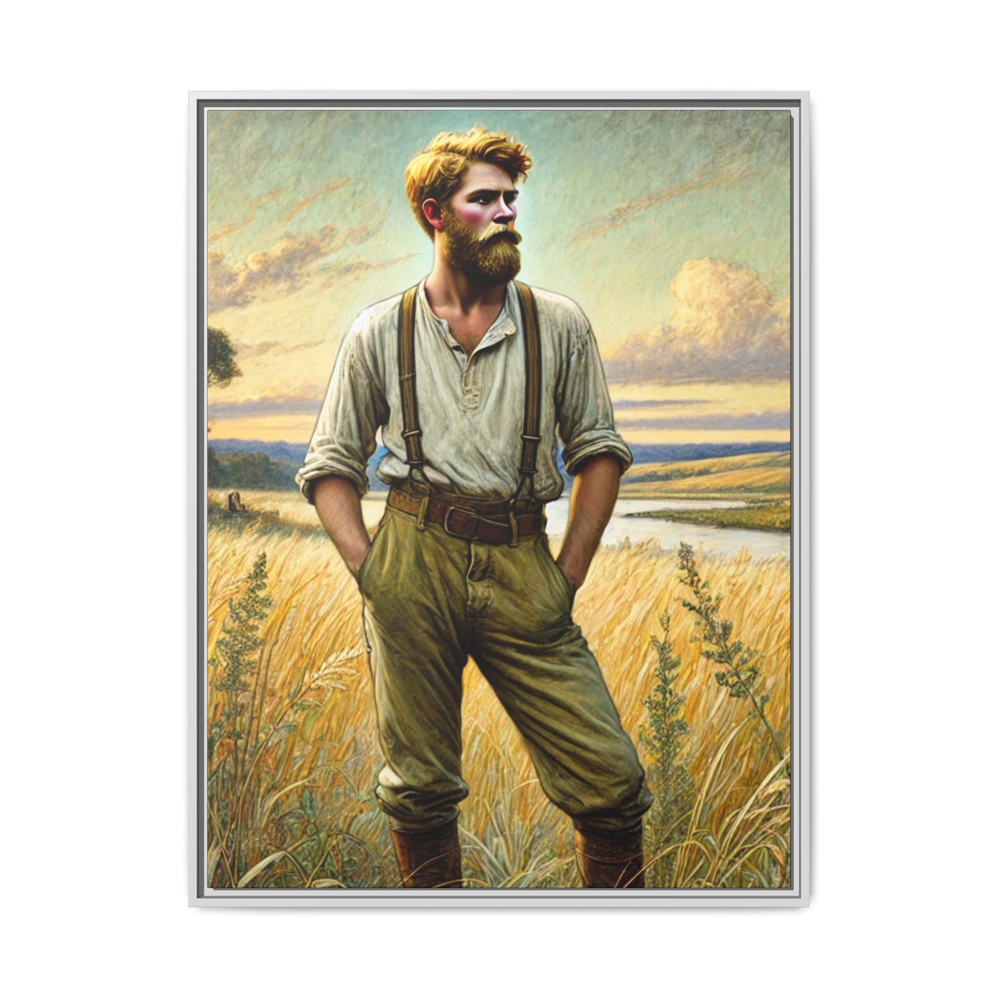 Framed artwork of a confident farmer in 19th-century attire, standing in a golden wheat field, inspired by Walt Whitman’s Song of Myself in Leaves of Grass.