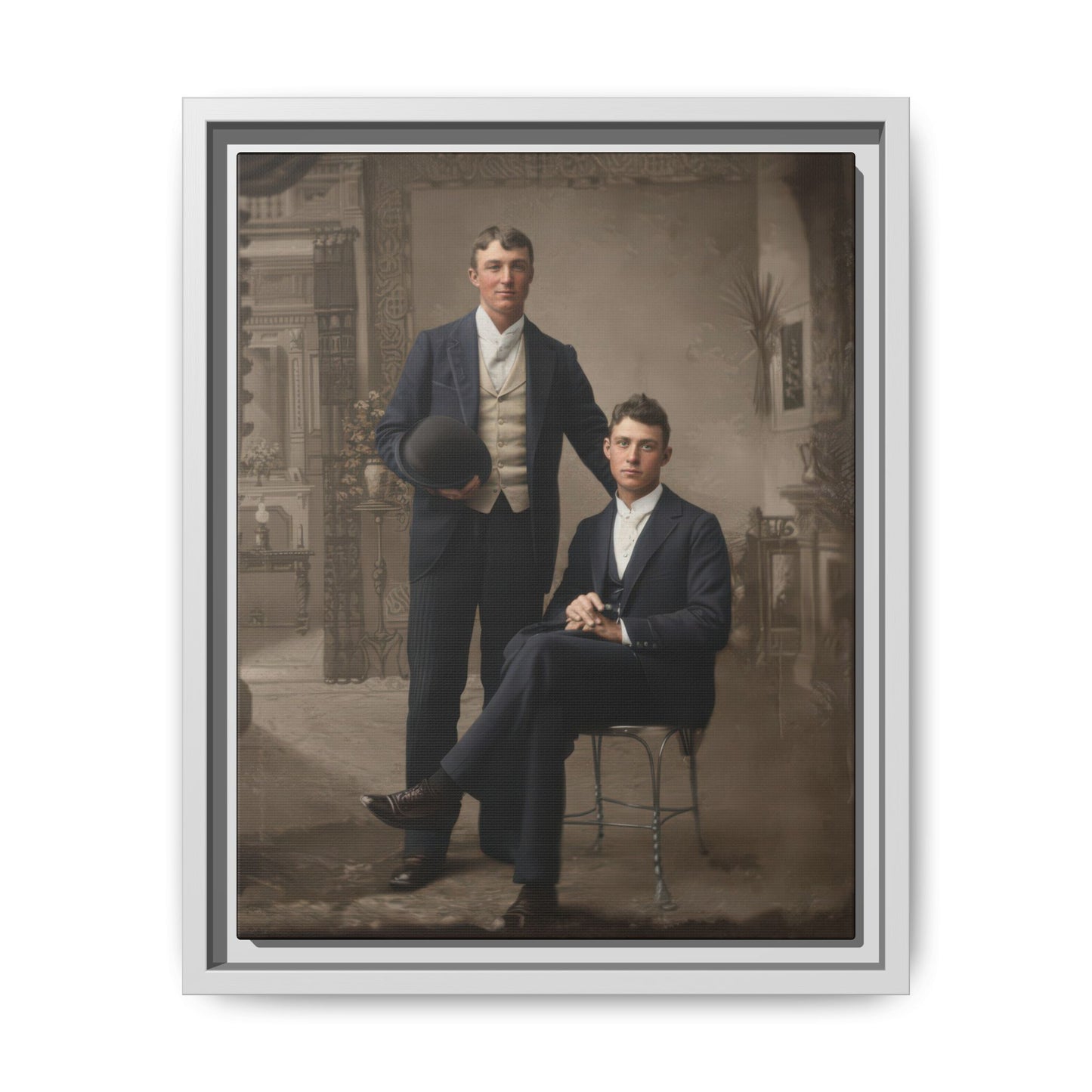 Vintage tintype style wall art featuring seated and standing figures in a historical interior