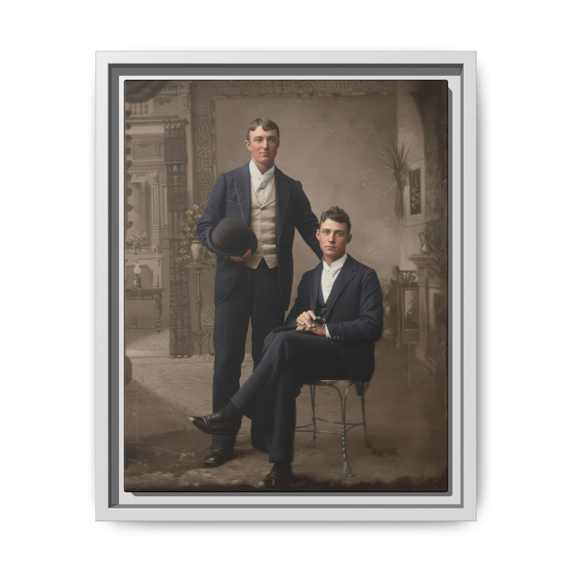 Vintage tintype style wall art featuring seated and standing figures in a historical interior