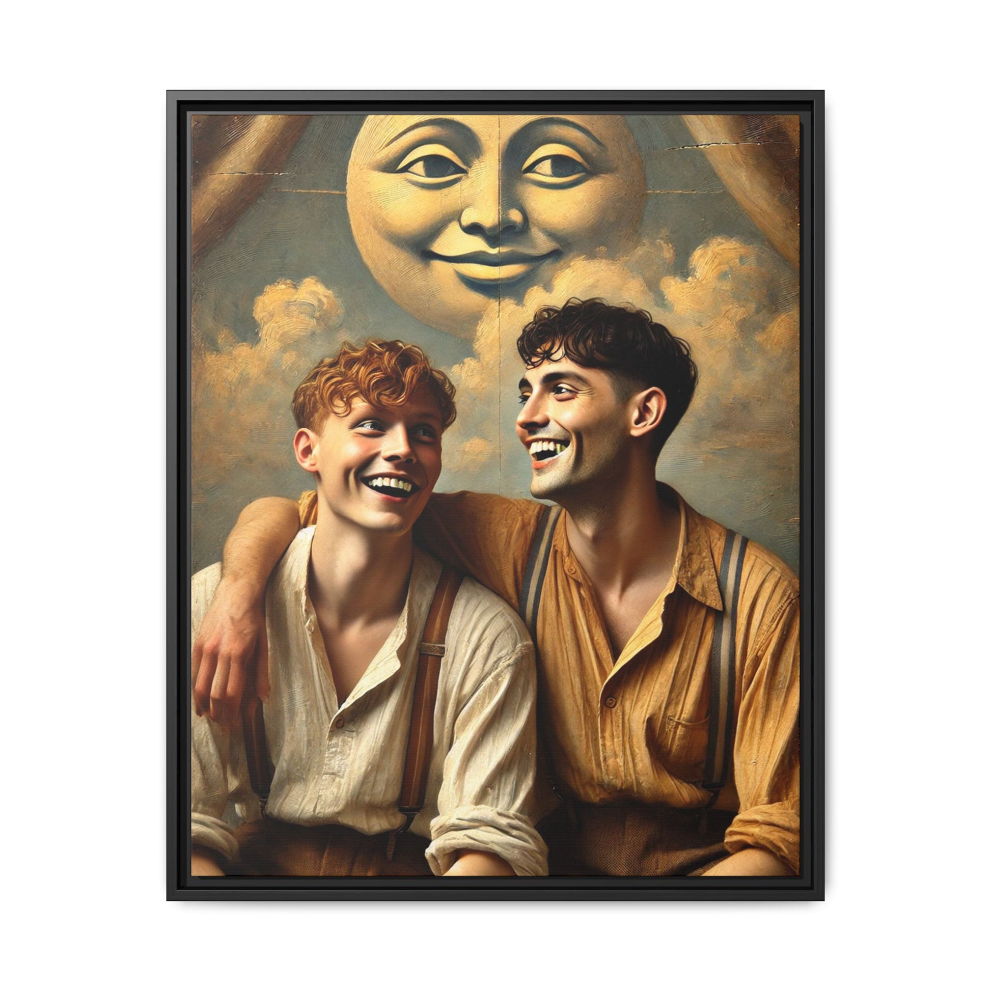 Queer artwork of two joyful young men dressed in vintage clothing with rolled sleeves and suspenders, laughing under a large moon prop in a dreamy studio scene. A celebration of love and resilience reclaimed from forgotten queer histories.