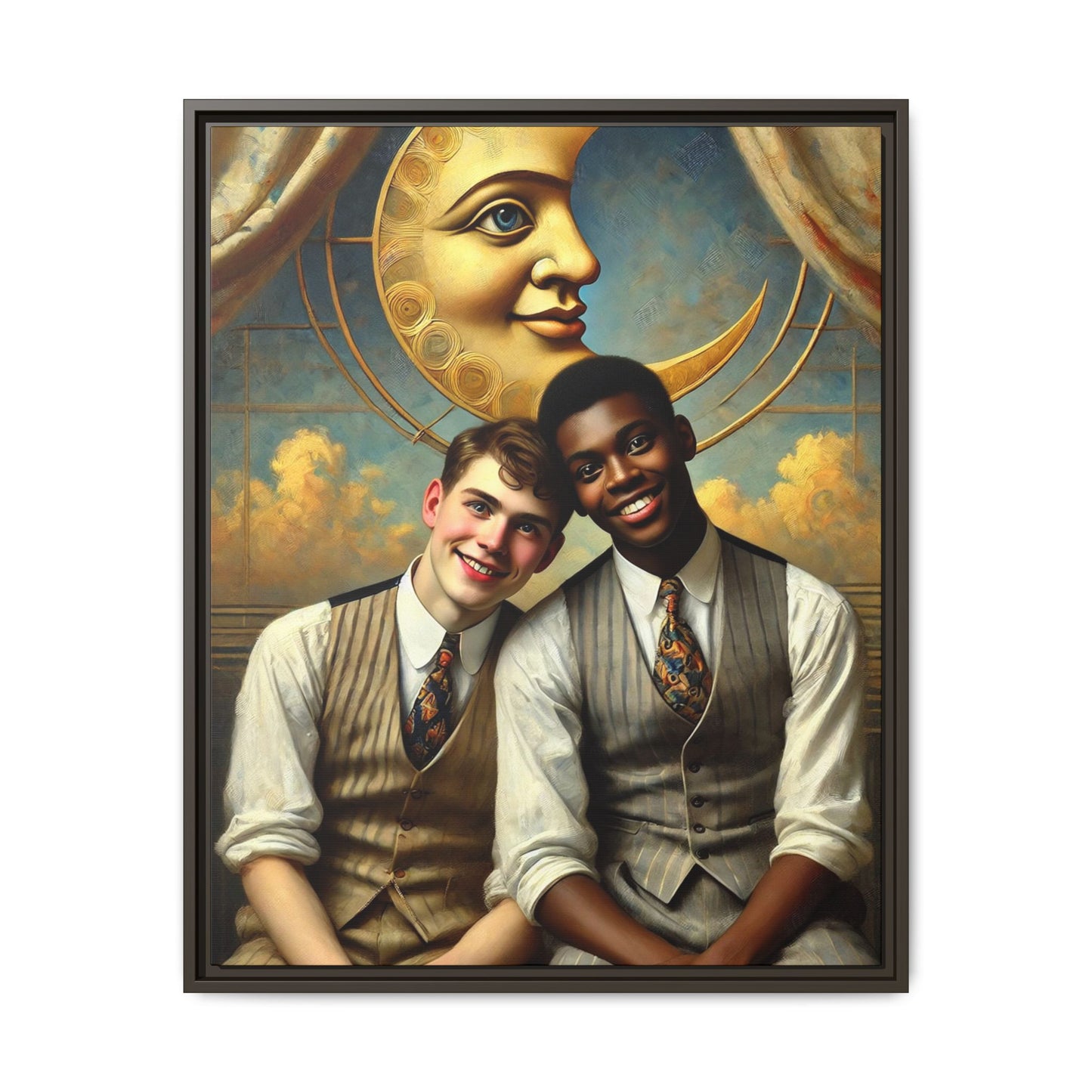 A vintage-style artwork showing a young interracial gay couple in 1920s attire sitting beneath a golden crescent moon with a serene expression. Their joyful closeness reclaims erased queer history and reflects the beauty of interracial love through a lens of tenderness and celebration.