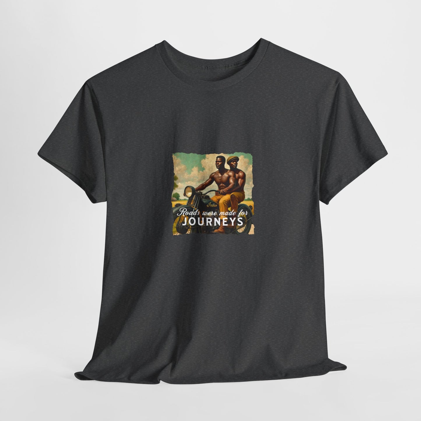 Vintage Grant Wood inspired t-shirt featuring a 1930s gay African-American couple with a motorcycle, celebrating love, history, and freedom.