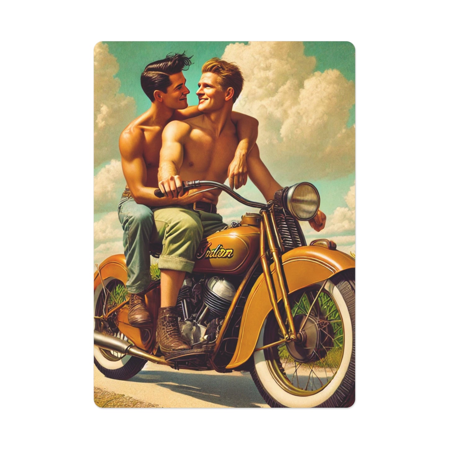 A gay couple on a golden Indian motorcycle, sharing a romantic moment under a serene sky, featured in a Grant Wood-inspired poker card design.