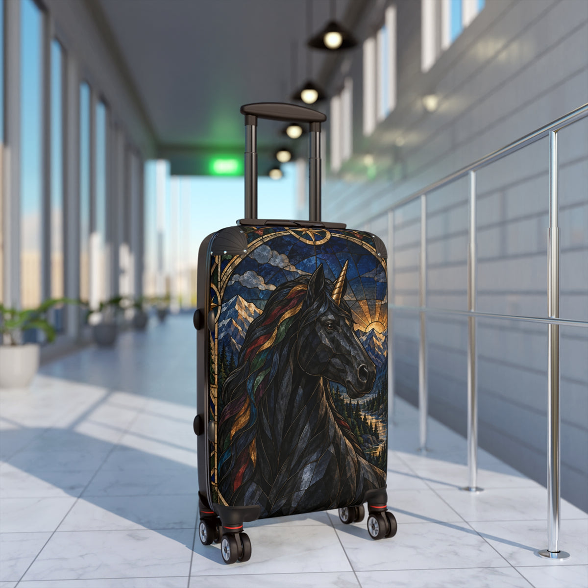 Guardian of the Rainbow Vale | Black Unicorn Stained-Glass Carry-On Suitcase