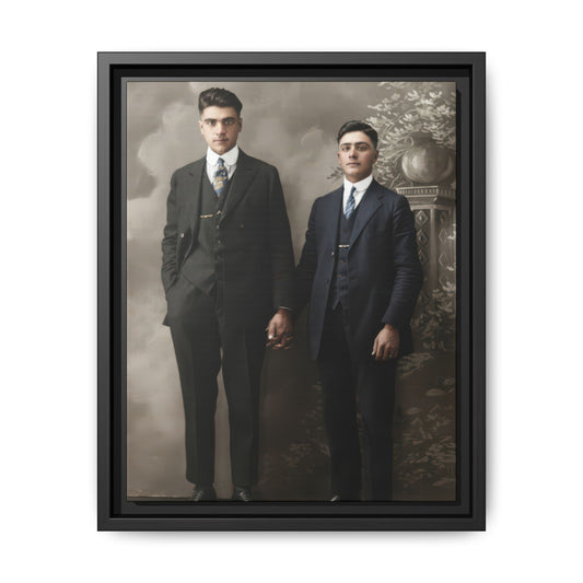 Vintage standing double portrait of two men in dark suits holding hands before a painted studio backdrop